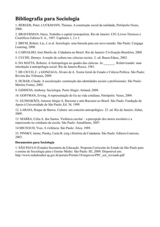 Bibliografia para Sociologia
1. BERGER, Peter; LUCKMANN, Thomas. A construção social da realidade, Petrópolis:Vozes,
2006.
2. BRAVERMAN, Harry. Trabalho e capital monopolista. Rio de Janeiro: LTC-Livros Técnicos e
Científicos Editora S. A., 1987. Capítulos 1, 2 e 3.
3. BRYM, Robert, Lie, J. et al. Sociologia: uma bússola para um novo mundo. São Paulo: Cengage
Learning, 2008.
4. CARVALHO, José Murilo de. Cidadania no Brasil. Rio de Janeiro: Civilização Brasileira, 2008.
5. CUCHE, Dennys. A noção de cultura nas ciências sociais. 2. ed. Bauru:Edusc, 2002.
6. DA MATTA, Roberto. AAntropologia no quadro das ciências. In:_______. Relativizando: uma
introdução à antropologia social. Rio de Janeiro:Rocco, 1981.
7. DE CICCO, C. e GONZAGA, Álvaro de A. Teoria Geral do Estado e Ciência Política. São Paulo:
Revista dos Tribunais, 2009.
8. DUBAR, Claude. A socialização: construção das identidades sociais e profissionais. São Paulo:
Martins Fontes, 2005.
9. GIDDENS, Anthony. Sociologia. Porto Alegre: Artmed, 2008.
10. GOFFMAN, Erving. A representação do Eu na vida cotidiana. Petrópolis: Vozes, 2009.
11. GUIMARÃES, Antonio Sérgio A. Racismo e anti-Racismo no Brasil. São Paulo: Fundação de
Apoio à Universidade de São Paulo; Ed. 34, 1999.
12. LARAIA, Roque de Barros. Cultura: um conceito antropológico. 23. ed. Rio de Janeiro: Zahar,
2009.
13. MARRA, Célia A. dos Santos. Violência escolar – a percepção dos atores escolares e a
repercussão no cotidiano da escola. São Paulo: Annablume, 2007.
14.MICHAUD, Yves. A violência. São Paulo: Ática, 1989.
15. PINSKY, Jaime; Pinsky, Carla B. (org.) História da Cidadania. São Paulo: Editora Contexto,
2003.
Documentos para Sociologia
1. SÃO PAULO (Estado) Secretaria da Educação. Proposta Curricular do Estado de São Paulo para
o ensino de Sociologia para o Ensino Médio. São Paulo: SE, 2009. Disponível em:
http://www.rededosaber.sp.gov.br/portais/Portals/18/arquivos/PPC_soc_revisado.pdf
 