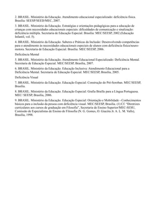 2. BRASIL. Ministério da Educação. Atendimento educacional especializado: deficiência física.
Brasília: SEESP/SEED/MEC, 2007.
3. BRASIL. Ministério da Educação. Estratégias e orientações pedagógicas para a educação de
crianças com necessidades educacionais especiais: dificuldades de comunicação e sinalização:
deficiência múltipla. Secretaria de Educação Especial. Brasília: MEC/SEESP, 2002.(Educação
Infantil, vol. 5).
4. BRASIL. Ministério da Educação. Saberes e Práticas da Inclusão: Desenvolvendo competências
para o atendimento às necessidades educacionais especiais de alunos com deficiência física/neuro-
motora. Secretaria de Educação Especial. Brasília: MEC/SEESP, 2006.
Deficiência Mental
5. BRASIL. Ministério da Educação. Atendimento Educacional Especializado: Deficiência Mental.
Secretaria de Educação Especial. MEC/SEESP, Brasília, 2007.
6. BRASIL. Ministério da Educação. Educação Inclusiva: Atendimento Educacional para a
Deficiência Mental. Secretaria de Educação Especial. MEC/SEESP, Brasília, 2005.
Deficiência Visual
7. BRASIL. Ministério da Educação. Educação Especial: Construção do Pré-Soroban. MEC/SEESP,
Brasília.
8. BRASIL. Ministério da Educação. Educação Especial: Grafia Braille para a Língua Portuguesa.
MEC/ SEESP, Brasília, 2006.
9. BRASIL. Ministério da Educação. Educação Especial: Orientação e Mobilidade - Conhecimentos
básicos para a inclusão da pessoa com deficiência visual. MEC/SEESP, Brasília. (1) Cf. “Diretrizes
curriculares aos cursos de graduação em Filosofia”, Secretaria de Ensino Superior/MEC-SESU,
Comissão de Especialistas de Ensino de Filosofia (N. G. Gomes, O. Giacóia Jr. A. L. M. Valls),
Brasília, 1998.
 