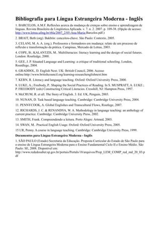 Bibliografia para Língua Estrangeira Moderna - Inglês
1. BARCELOS, A.M.F. Reflexões acerca da mudança de crenças sobre ensino e aprendizagem de
línguas. Revista Brasileira de Lingüística Aplicada. v. 7. n. 2. 2007. p. 109-38. (Opção de acesso:
http://www.letras.ufmg.br/rbla/2007_2/05-Ana-Maria-Barcelos.pdf.)
2. BRAIT, Beth (org). Bakhtin: conceitos-chave. São Paulo: Contexto, 2005.
3. CELANI, M. A. A. (org.). Professores e formadores em mudança: relato de um processo de
reflexão e transformação da prática. Campinas, Mercado de Letras, 2003.
4. COPE, B.; KALANTZIS, M.. Multiliteracies: literacy learning and the design of social futures.
London: Routledge, 2000.
5. GEE, J. P. Situated Language and Learning: a critique of traditional schooling. London,
Routdlege, 2004.
6. GRADDOL, D. English Next. UK: British Council, 2006. Acesso
online:http://www.britishcouncil.org/learning-researchenglishnext.htm
7. KERN, R. Literacy and language teaching. Oxford: Oxford University Press, 2000.
8. LUKE, A.; Freebody, P.. Shaping the Social Practices of Reading. In S. MUSPRATT, A. LUKE ;
P. FREEBODY (eds) Constructing Critical Literacies. Cresshill, NJ: Hampton Press, 1997.
9. McCRUM, R. et all. The Story of English. 3. Ed. UK, Penguin, 2003.
10. NUNAN, D. Task based language teaching. Cambridge: Cambridge University Press, 2004.
11. PENNYCOOK, A. Global Englishes and Transcultural Flows, Routlege, 2007.
12. RICHARDS, J. C. & RENANDYA, W. A. Methodology in language teaching: an anthology of
current practice. Cambridge: Cambridge University Press, 2002.
13. SMITH, Frank. Compreendendo a leitura. Porto Alegre: Artmed, 2003.
14. SWAN, M.. Practical English Usage. Oxford: Oxford University Press, 2005.
15.UR, Penny. A course in language teaching. Cambridge: Cambridge University Press, 1999.
Documentos para Língua Estrangeira Moderna - Inglês
1. SÃO PAULO (Estado) Secretaria da Educação. Proposta Curricular do Estado de São Paulo para
o ensino de Língua Estrangeira Moderna para o Ensino Fundamental Ciclo II e Ensino Médio. São
Paulo: SE, 2008. Disponível em:
http://www.rededosaber.sp.gov.br/portais/Portals/18/arquivos/Prop_LEM_COMP_red_md_20_03.p
df
 
