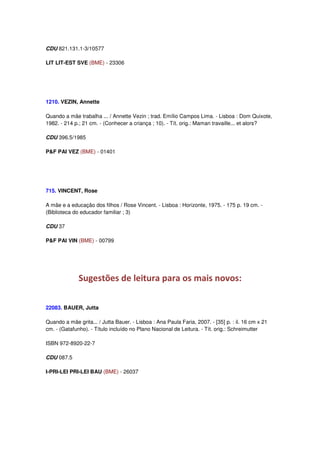CDU 821.131.1-3/10577

LIT LIT-EST SVE (BME) - 23306




1210. VEZIN, Annette

Quando a mãe trabalha ... / Annette Vezin ; trad. Emílio Campos Lima. - Lisboa : Dom Quixote,
1982. - 214 p.; 21 cm. - (Conhecer a criança ; 10). - Tít. orig.: Maman travaille... et alors?

CDU 396.5/1985

P&F PAI VEZ (BME) - 01401




715. VINCENT, Rose

A mãe e a educação dos filhos / Rose Vincent. - Lisboa : Horizonte, 1975. - 175 p. 19 cm. -
(Biblioteca do educador familiar ; 3)

CDU 37

P&F PAI VIN (BME) - 00799




              Sugestões de leitura para os mais novos:

22083. BAUER, Jutta

Quando a mãe grita... / Jutta Bauer. - Lisboa : Ana Paula Faria, 2007. - [35] p. : il. 16 cm x 21
cm. - (Gatafunho). - Título incluído no Plano Nacional de Leitura. - Tít. orig.: Schreimutter

ISBN 972-8920-22-7

CDU 087.5

I-PRI-LEI PRI-LEI BAU (BME) - 26037
 