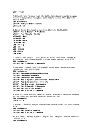 USP – FFLCH
4. DURAND, Marie-Françoise et. al. Atlas da Mundialização: compreender o espaço
mundial contemporâneo. Tradução de Carlos Roberto Sanchez Milani. São Paulo:
Saraiva, 2009.
CRE Mario Covas
UNESP – Relações Internacionais
UNICAMP – IG
5. ELIAS, Denise. Globalização e Agricultura. São Paulo: EDUSP, 2003.
UNESP – Fac. C. Tecnol – P. Prudente
UNESP – Fac. Filosofia – Marília
UNICAMP – BAE
UNICAMP – IE
UNICAMP – IFCH
UNICAMP – IG
USP – ESALQ
USP – FE
USP – FFLCH
USP – FZEA
USP – IEB
6. GUERRA, José Teixeira; COELHO Maria Célia Nunes. Unidades de Conservação:
abordagens e características geográficas. Rio de Janeiro: Bertrand Brasil, 2009.
CRE Mario Covas
UNESP – Fac. C. Tecnol – P. Prudente
7. HAESBAERT, Rogério; PORTO-GONÇALVES, Carlos Walter. A nova des-ordem
mundial. São Paulo: UNESP, 2006.
CRE Mario Covas
UNESP – Campus Experimental Ourinhos
UNESP – Campus de Rio Claro
UNESP – Campus de São Vicente
UNESP – Fac. C. Agrárias e Veterinárias – Jaboticabal
UNESP – Fac. C. Agronômicas – Botucatu
UNESP – Fac. C. e Letras – Araraquara
UNESP – Fac. C. Tecnol – P. Prudente
UNESP – Fac. Eng. – Ilha Solteira
UNESP – Fac. H. D. e S. S. – Franca
8. HUERTAS, Daniel Monteiro. Da fachada atlântica à imensidão amazônica: fronteira
agrícola e integração territorial. São Paulo: Annablume, 2009.
CRE Mario Covas
USP – FFLCH
9. MAGNOLI, Demétrio. Relações Internacionais: teoria e história. São Paulo: Saraiva,
2004.
CRE Mario Covas
UNESP – Fac. Filosofia – Marília
UNESP – Fac. H. D. e S. S. – Franca
10. MARTINELLI, Marcello. Mapas da Geografia e da Cartografia Temática. São Paulo:
Contexto, 2003.
CRE Mario Covas
 