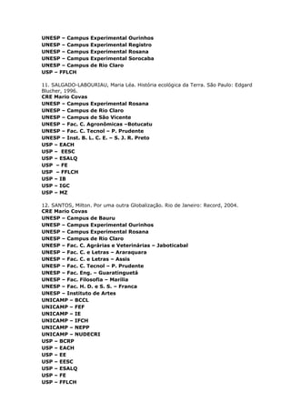 UNESP – Campus Experimental Ourinhos
UNESP – Campus Experimental Registro
UNESP – Campus Experimental Rosana
UNESP – Campus Experimental Sorocaba
UNESP – Campus de Rio Claro
USP – FFLCH
11. SALGADO-LABOURIAU, Maria Léa. História ecológica da Terra. São Paulo: Edgard
Blucher, 1996.
CRE Mario Covas
UNESP – Campus Experimental Rosana
UNESP – Campus de Rio Claro
UNESP – Campus de São Vicente
UNESP – Fac. C. Agronômicas –Botucatu
UNESP – Fac. C. Tecnol – P. Prudente
UNESP – Inst. B. L. C. E. – S. J. R. Preto
USP – EACH
USP – EESC
USP – ESALQ
USP – FE
USP – FFLCH
USP – IB
USP – IGC
USP – MZ
12. SANTOS, Milton. Por uma outra Globalização. Rio de Janeiro: Record, 2004.
CRE Mario Covas
UNESP – Campus de Bauru
UNESP – Campus Experimental Ourinhos
UNESP – Campus Experimental Rosana
UNESP – Campus de Rio Claro
UNESP – Fac. C. Agrárias e Veterinárias – Jaboticabal
UNESP – Fac. C. e Letras – Araraquara
UNESP – Fac. C. e Letras – Assis
UNESP – Fac. C. Tecnol – P. Prudente
UNESP – Fac. Eng. – Guaratinguetá
UNESP – Fac. Filosofia – Marília
UNESP – Fac. H. D. e S. S. – Franca
UNESP – Instituto de Artes
UNICAMP – BCCL
UNICAMP – FEF
UNICAMP – IE
UNICAMP – IFCH
UNICAMP – NEPP
UNICAMP – NUDECRI
USP – BCRP
USP – EACH
USP – EE
USP – EESC
USP – ESALQ
USP – FE
USP – FFLCH
 