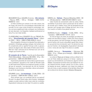 coneixements 32 
METTLER, RENÉ. - Álbum visual del agua. - Bruño, 
2006. - 32 p. - ISBN 84-216-9775-7. 15,00 ¤ 
El cicle hidrològic s’inicia a la primavera amb el desglaç 
a les muntanyes més altes. Mentre passem per les diferents 
estacions de l’any avancem per paisatges on coneixem la fl ora 
i la fauna que l’aigua determina. Els coneixements més es-pecífi 
cs els trobem en mapes i llegendes on queden situats 
els seus hàbitats. El llibre té dobles pàgines molt il·lustrades i 
atractives on es contextualitza la informació. 
PORTELL RIFÀ, JOAN; ARÀNEGA, SUSANNA. - L’aigua. 
- La Galera, 2000. - 31 p. - (Descobrim). - ISBN 84- 
246-0280-3. 6,50 ¤ 
Introducció als diferents fenòmens relacionats amb l’aigua: 
el seu cicle, diferents paisatges on es pot trobar aigua, com 
fer arribar aigua a les ciutats, l’acció de l’home sobre l’aigua: 
la contaminació i la depuració, diferents utilitats de l’aigua, etc. 
Especialment indicat per a primers lectors de cicle inicial, per 
la tipografi a de pal, els textos breus i clars i les nombroses 
fotografi es. Hi ha edició en castellà. 
Los secretos del agua. - Ediciones SM, 2005. - 12 p. 
- (Enciclopeque). - ISBN 84-675-0449-8. 7,80 ¤ 
Interessant i divertida invitació a conèixer els misteris que 
amaga l’aigua a partir d’experiments que semblen jocs de mà-gia. 
Tots els experiments tenen explicacions aclaridores de per 
què passen les coses: per què uns objectes suren i altres no, 
per què surt aigua dels brolladors, com es pot construir un 
pont entre dues ampolles per on circuli el líquid, com podem 
fer que canviï d’estat i desaparegui, etc. 
SMITH, ALASTAIR; TATCHELL, JUDY. - En el mar. - Us-borne, 
2004. - 16 p. - (Flip fl ap Usborne). - ISBN 0- 
7460-6398-9. 10,00 ¤ 
Llibre il·lustrat amb desplegables que descobreixen els de-talls 
i les curiositats del fons marí. 
TOLA, JOSÉ. - Atles bàsic de geografi a física. - Pa-rramón, 
2002. - 96 p. - ISBN 84-342-2461-5. 10,52 ¤ 
Eina molt útil per conèixer la formació i l’evolució de la Ter-ra 
i les característiques i transformacions dels elements que 
conformen el paisatge. Contingut: l’origen del planeta actual; 
els minerals i les roques; l’activitat del planeta; meteorologia 
i climatologia; els mars i els oceans; les aigües terrestres; la 
formació dels paisatges: l’erosió; i la cartografi a. En l’atles, bà-sicament 
il·lustrat, s’expliquen els conceptes principals d’una 
forma molt didàctica, clara i concisa. Hi ha edició en castellà. 
WOOD, JOHN NORRIS. - Rius i llacs. - Símbol, 2004. 
- 18 p. - (Observant la natura). - ISBN 84-95987-15-5. 
16,00 ¤ 
Llibre de coneixements sobre els rius i llacs del nostre pla-neta 
i la fauna que hi habita. Inclou làmines desplegables que 
amaguen i amplien el camp de visió de l’observador i permeten 
el joc de la descoberta. Altres títols de la col·lecció: Boscos, 
Oceans i Selves. 
ZEITOUN, CHARLINE. - La terra / adaptació: Ana Gasol. 
- Combel, 2005. - 23 p. - (Què és?). - ISBN 84-7864- 
502-0. 6,90 ¤ 
Petits experiments fets amb materials a l’abast per tal de 
reproduir aspectes de la terra com ara la forma, les capes del 
seu interior, les plaques tectòniques, l’activitat magmàtica, 
l’erupció d’un volcà o un terratrèmol. L’explicació de cada ex-periment 
fet pas a pas i amb una il·lustració entenedora fan 
que les activitats siguin assequibles als nens i nenes a partir 
del cicle mitjà. 
 