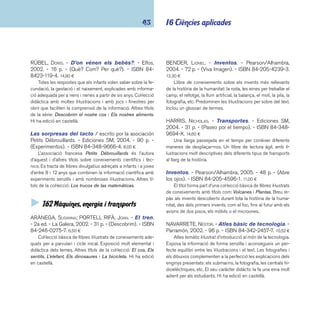 coneixements 44 
NAVARRETE, NÉSTOR. - La energía. - Parramón, 2004. 
- 31 p. - (Tecnología). - ISBN 84-342-2607-3. 9,00 ¤ 
A l’entorn d’una il·lustració central de mida gran s’estruc-tura 
un text introductori i petites descripcions de processos 
i elements de les diferents fonts d’energia. Tot i que és molt 
visual és recomanable a partir del cicle superior. Altres títols de 
la sèrie: Las máquinas i Electrónica e informática. 
OXLADE, CHRIS. - Los aviones. - Ediciones SM, 2004. 
- 46 p. - (Saber al descubierto). - ISBN 84-348-9676- 
1. 11,95 ¤ 
Introducció bàsica il·lustrada al món dels avions: els pri-mers 
aparells voladors, els zepelins, els aeroplans, el correu 
aeri i les línies comercials, els hidroavions, el motor de reac-ció, 
la cabina de comandament, els bombardejos, l’helicòpter, 
els avions supersònics, la pròxima generació. També relaciona 
l’aviació amb diversos fets històrics com la I i II Guerra Mundi-al 
o la Guerra Freda. Inclou breus biografi es de personatges 
rellevants com els germans Montgolfi er o Charles Lindbergh, 
entre d’altres. 
PLATT, RICHARD. - La enciclopedia de los inventos: 
una ventana al mundo de las ideas e inventos 
más brillantes. - 2a ed. - Ediciones SM, 2005. - 357 
p. - ISBN 84-348-9647-8. 15,70 ¤ 
Història il·lustrada dels invents i els descobriments: el 
pèndol, el microones, el telescopi, el parallamps, el telèfon, el 
walkman, Internet, etc. Es facilita informació biogràfi ca sobre 
l’inventor, curiositats sobre el procés d’investigació i les reper-cussions 
que va tenir a la societat el descobriment. Un altre 
títol publicat: La enciclopedia de los transportes. 
RODRÍGUEZ, ALÍCIA. - Electricidad  magnetismo. 
- Parramón, 2002. - 48 p. - (Pequeño ingeniero). - ISBN 
84-342-2507-7. 10,50 ¤ 
Recull d’exercicis pràctics i de treballs manuals relacio-nats 
amb els camps de l’electricitat i el magnetisme: fer un lot, 
construir un far, fer una brúixola, etc. El títol forma part d’una 
col·lecció d’àlbums amb activitats i experiments tecnològics 
presentats d’una forma molt didàctica i pautada, a través de 
fotografi es i de senzilles explicacions. Un altre títol de la col-lecció: 
Arquitectura  construcción. 
Las supermáquinas / textos: Emmanuel Chanut ... 
[et al.]. - Ediciones SM, 2005. - 14 p. - (Enciclopeque). 
- ISBN 84-675-0453-6. 7,80 ¤ 
Llibre il·lustrat de coneixements sobre màquines de grans 
dimensions: l’excavadora, el buldòzer, la segadora, la grua, el 
tractor i la màquina llevaneu. Predominen les il·lustracions per 
sobre d’un text breu que explica com funcionen i per a què 
serveixen les màquines. 
TURNBULL, STEPHANIE. - Los trenes. - Usborne, 2003. 
- 47 p. - (Descubre y explora con links de internet). - 
ISBN 0-7460-5071-2. 7,20 ¤ 
Introducció bàsica il·lustrada al món dels trens: història del 
ferrocarril, tipus de trens, tecnologia del mitjà de transport, etc. 
Inclou l’opció d’enllaçar amb diverses adreces d’Internet rela-cionades 
amb el tema a partir d’una pàgina web preparada 
per la mateixa editorial: www.usborne-quicklinks.com/es. 
Altres títols de la mateixa col·lecció: El espacio, Astronomía 
i Los caballeros. 
 