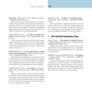 47 I6 Ciències aplicades 
BALIU DE KIRCHNER, GLÒRIA. - Cuina de festes i 
ce le bracions: cuinar sense foc i al forn. - Pòrtic, 
2002. - 73 p. - ISBN 84-7306-818-1. 14,80 ¤ 
Receptari de cuina de plats senzills i originals per cele-brar 
una festa sense haver d’utilitzar els fogons. Les receptes 
s’agrupen en quatre blocs: dinar de festa, reunió d’amics, in-vitació 
a sopar i berenar d’aniversari. Van acompanyades de 
les il·lustracions de Lluïsa Jover, que confi guren una història 
divertida i culinària fi ns a la darrera pàgina. 
HOLLYER, BEATRICE. - Tothom a taula: què mengen 
els nens i nenes del món. - Intermón Oxfam, 2003. 
- 41 p. - ISBN 84-8452-222-9. 19,69 ¤ 
A través d’un text molt clar i unes fotografi es molt explí-cites 
coneixerem els costums gastronòmics de cinc nens de 
diferents països: França, Mèxic, Sud-àfrica, l’Índia i Tailàndia. 
Tots ells ens ensenyen quins són els seus plats preferits, quins 
ingredients hi ha a la cuina de casa seva, com es prepara un 
pastís, un dolç de coco o una salsa de tomàquet. Inclou un pe-tit 
receptari al fi nal del llibre. Un altre títol de la mateixa autora 
dedicat als hàbits quotidians en d’altres cultures: Bon dia a 
tothom. Hi ha edició en castellà. 
 I67/68 Indústries i oficis 
ARÀNEGA, SUSANNA; PORTELL RIFÀ, JOAN. - Els ofi cis. 
- 2a ed. - La Galera, 2002. - 31 p. - (Descobrim). - ISBN 
84-246-0277-3. 6,50 ¤ 
Col·lecció bàsica de llibres il·lustrats de coneixements ade-quats 
per a nens i nenes de parvulari i cicle inicial. Exposició 
molt elemental i didàctica dels temes. És un dels pocs títols 
dedicats als ofi cis que es pot trobar al mercat. Hi ha edició en 
castellà. 
BERREBY, PATRICIA. - Avui sóc... bomber!. - La Gale-ra, 
2002. - 28 p. - (Avui sóc...). - ISBN 84-246-3463-2. 
5,00 ¤ 
Col·lecció per als més menuts, de format petit, on algun 
animaló exerceix un ofi ci tot jugant. Text amb lletres majúscu-les 
il·lustrat amb simpàtics dibuixos. Altres títols publicats: Avui 
sóc... metge! i Avui sóc... venedora!. 
DÍAZ-PLAJA, AURORA. - Petita història del llibre. - 
2a reimpr. - Mediterrània, 2005. - 16 p. - (Petites histò-ries). 
- ISBN 84-85984-95-1. 5,00 ¤ 
Tal com el títol indica l’obra mostra una breu però docu-mentada 
història del llibre des dels inicis fi ns a l’actualitat. 
RODRÍGUEZ, ALÍCIA. - Construcción  arquitectura. 
- 3a ed. - Parramón, 2004. - 48 p. - (Pequeño ingeniero). 
- ISBN 84-342-2506-9. 10,50 ¤ 
Títol d’una col·lecció adequada per a infants a partir de nou 
anys als quals interessin les activitats manuals i la construcció. 
En aquest volum es descriuen pas a pas, a través de fotogra-fi 
es i de senzilles explicacions, catorze exercicis pràctics per 
construir alguns elements del mobiliari urbà i algunes peces 
arquitectòniques. Llibre molt didàctic. 
SMITH, ALASTAIR. - El vestido y la moda: ayer y hoy. 
- Usborne, 2000. - 16 p. - (Flip fl ap Usborne). - ISBN 
0-7460-3877-1. 8,96 ¤ 
Història del vestit i dels accessoris de moda des de la pre-història 
fi ns al segle XVIII. Cada pàgina conté una solapa des-plegable 
per comparar els dissenys antics amb la roba actual. 
Un altre títol de la col·lecció: La casa y el hogar. 
 
