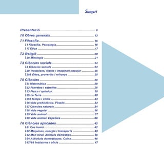 coneixements 
I 7 Belles arts. Esports ------------------------------------------ 50 
I 71/72 Urbanisme. Arquitectura ----------------------------- 50 
I 74 Dibuix. Treballs manuals -----------------------------------51 
I 75 Pintura --------------------------------------------------------------51 
I 78 Música ------------------------------------------------------------- 52 
I 784 Cançons infantils ------------------------------------------- 53 
I 793/794 Jocs. Màgia. Endevinalles ------------------------ 54 
I 796 Esports ---------------------------------------------------------- 55 
I 8 Llengua. Literatura ------------------------------------------- 58 
I 80 Llengües ---------------------------------------------------------- 58 
I 804.99 Català -------------------------------------------------------- 59 
I 806.0 Castellà ------------------------------------------------------- 59 
I 82-1 Poesia ----------------------------------------------------------- 60 
I 82-3 Contes populars i narracions -------------------------61 
I 9 Geografi a. Biografi a. Història ------------------------ 66 
I 91 Geografi a --------------------------------------------------------- 66 
I 910 Exploracions i viatges ------------------------------------ 67 
I 912 Atles --------------------------------------------------------------- 68 
I 92 Biografi es -------------------------------------------------------- 68 
I 93 Història universal --------------------------------------------- 70 
Índex d’autors --------------------------------------------------------- 75 
Índex de títols ----------------------------------------------------------81 
 