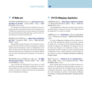 51 I7 Belles arts. Esports 
SIMS, LESLEY. - El gran libro de los castillos. - Us-borne, 
2003. - 104 p. - ISBN 0-7460-5088-7. 17,50 ¤ 
Llibre de gran format que convida el lector a conèixer a fons 
el món dels castells. Lesley Sims explica les característiques 
d’aquestes fortaleses, l’època en què es van construir, el signi-fi 
cat dels escuts i els blasons, la vida quotidiana dins i fora dels 
castells, etc. Inclou un glossari, un mapa dels castells d’Europa, 
dos índexs geogràfi cs d’Europa, Japó i Orient Pròxim, i referèn-cies 
a nombroses pàgines web per ampliar la informació. 
 I74 Dibuix. Treballs manuals 
LLIMÓS, ANNA. - Barro. - Parramón, 2005. - 31 p. - (Ma-nualidades 
en 5 pasos). - ISBN 84-342-2851-3. 9,00 ¤ 
Anna Llimós proposa catorze treballs manuals per fer amb 
argila. Les indicacions per desenvolupar les diferents crea-cions 
són molt entenedores i els materials fàcils de trobar i 
assequibles per a totes les butxaques. Altres títols de la sèrie: 
Papel, Plástico, Plastilina i Cartón. Hi ha edició en català. 
MARTÍN ROIG, GABRIEL. - Dibujo con carbón, creta 
y sanguina. - Parramón, 2005. - 64 p. - (Guía para 
principiantes). - ISBN 84-342-2795-9. 9,50 ¤ 
Com bé indica el nom de la col·lecció es tracta d’una guia 
per iniciar el lector en el món del dibuix amb carbó, creta i 
sanguina, tres substàncies seques al tacte que deixen un traç 
intens sobre la superfície del paper i que permeten una gran 
varietat de taques, difuminats i degradats. Inclou una selecció 
d’exercicis pràctics explicats pas a pas. 
SOLCHAGA, JAVIER. - Personajes de cuento. - 
Anaya, 2004. - 36 p. - (Sopa de libros. Recicla y cons-truye). 
- ISBN 84-667-4004-X. 6,25 ¤ 
Col·lecció de llibres de manualitats amb material reciclat. 
Les propostes destaquen per l’originalitat de les creacions i 
pel fet d’utilitzar objectes quotidians: culleres, pintes, taps 
d’ampolles, llumins, endolls, xapes, cargols, etc. Altres títols de 
la col·lecció: El circo, Animales salvajes i El castillo. Recoma-nable 
a partir de cicle inicial. 
WOUWER, BRIGITTE VAN DE. - Creant instruments amb 
els més petits. - 2a ed. - Zendrera Zariquiey, 2001. - 
31 p. - (Els infants). - ISBN 84-8418-049-2. 8,00 ¤ 
Proposta d’onze treballs manuals de construcció d’instru-ments, 
amb indicacions pedagògiques per ajudar a la desco-berta 
d’emocions auditives. 
 I75 Pintura 
GREEN, JEN. - Vincent van Gogh. - Blume, 2004. 
- 46 p. - (Els artistes i el seu món). - ISBN 84-932442- 
3-6. 14,95 ¤ 
Introducció a la vida i l’obra del pintor holandès Vincent van 
Gogh. Es repassa la seva infància, els seus inicis com a pintor, 
les seves infl uències, els anys de crisi, el llegat epistolar, etc. 
Inclou reproduccions de l’obra pictòrica, un glossari de termes 
i una llista dels museus i les galeries on s’exposa la seva obra. 
Uns altres títols de la col·lecció: Frida Kahlo i Salvador Dalí. 
Hi ha edició en castellà. 
 