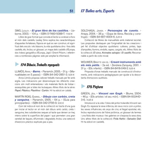 coneixements 52 
HARCOURT, CLAIRE D’. - Mirar con lupa: las gran-des 
obras maestras de la pintura occidental. - 
El Aleph, 2004. - 63 p. - ISBN 84-7669-661-2. 19,00 ¤ 
Llibre d’art de gran format adreçat a joves. L’autora descriu 
amb detall algunes de les millors obres de la pintura occidental, 
ordenades alfabèticament: “El matrimoni Arnolfi ni”, de Jan Van 
Eyck; “La Gioconda”, de Leonardo da Vinci; “Les Menines”, de Die-go 
Velázquez; “Les senyoretes d’Avignon”, de Pablo Picasso, etc. 
LORIA, STEFANO. - Pablo Picasso. - Serres, 1998. - 64 p. 
- (Los maestros del arte). - ISBN 84-88061-91-9. 17,75 ¤ 
Col·lecció bàsica d’introducció a les fi gures cabdals i els 
grans moviments de la història de l’art. Un treball molt reeixit pel 
que fa al tractament dels textos i de les imatges. Altres monogra-fi 
es de la sèrie dedicades a pintors: Chagall, Giotto, Leonardo 
da Vinci, Miguel Ángel, Rembrandt i Vincent van Gogh. 
Pequeño museo / imágenes escogidas por Alain Le 
Saux y Grégoire Solotareff. - 2a ed. - Corimbo, 2004. 
- 304 p. - ISBN 84-8470-190-5. 25,00 ¤ 
Un vocabulari excepcional en què l’explicació de cada 
paraula no es fa textualment sinó a partir del fragment d’una 
obra pictòrica. La selecció i els detalls escollits són una altra 
obra d’art. De cada pintura inclou: autor, any d’execució, títol 
de l’obra i lloc on està exposada. Completa el llibre un índex 
alfabètic dels pintors. Hi ha edició bilingüe castellà-anglès. 
STURGIS, ALEXANDER. - Pol, un detectiu en el mu-seu 
/ il·lustracions de Lauren Child. - Serres, 2002. - 34 
p. - ISBN 84-8488-047-8. 13,50 ¤ 
En Pol vol ser detectiu i entra a un museu, a veure si pot 
resoldre algun cas. Els quadres semblen explicar històries... però 
quines? Amb l’ajut de l’arcàngel Gabriel que surt del quadre 
“L’Anunciació” de Fra Angèlic, en Pol anirà descobrint i analitzant 
dotze obres mestres d’artistes com Rembrandt, Piero di Cosimo, 
Claude Lorrain, Goya, Botticelli, Van Gogh o Picasso, entre d’al-tres. 
Interessant forma d’apropar als infants al món de l’art. 
WOLFE, GILLIAN. - Zoom ... art!: una altra forma de 
mirar l’art. - Serres, 2002. - 40 p. - ISBN 84-8488- 
061-3. 14,00 ¤ 
Mirar cap amunt, mirar cap avall, mirar a fora, a dins, a tra-vés, 
al darrere... és a dir, mirar les pintures des de diferents 
perspectives, a la manera d’un zoom. Molt interessant! 
 I78 Música 
ALIKI. - Oh, música!. - Joventut, 2004. - 47 p. - ISBN 
84-261-3344-4. 14,00 ¤ 
Introducció bàsica il·lustrada al món de la música: història, 
diversitat, ritmes, melodies, creació, instruments, compositors, 
dansa, etc. Llibre adreçat als primers lectors. 
BERGAMINI, ANDREA. - El rock i la seva història. - 
Malsinet, 2006. - 64 p. - (Andantino). - ISBN 84-934717- 
0-4. 15,95 ¤ 
Història il·lustrada del rock i dels gèneres musicals que 
se’n deriven, tot contextualitzat en cada moment històric i so-cial. 
Altres títols de la sèrie: El jazz i la seva història, de Marc 
Vignal. Recomanable a partir de cicle superior. Hi ha edició 
en castellà. 
CATUCCI, STEFANO. - La historia de la música: soni-dos, 
instrumentos, protagonistas. - Malsinet, 2005. 
- 123 p. - (Andantino). - ISBN 84-934230-0-9. 21,00 ¤ 
Breu recorregut il·lustrat pel món de la música: la histò-ria, 
els instruments, els gèneres, els autors, etc. Sumari: els 
orígens de la música; Orient i Occident; del Renaixement al 
Barroc; l’època clàssica; la generació romàntica; el segle XX. 
El text va acompanyat de nombroses il·lustracions, dibuixos i 
fotografi es. 
 
