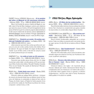 55 I7 Belles arts. Esports 
El llibre de les endevinalles / selecció de Carme 
Alcoverro. - 5a ed. - Barcanova, 2006. - 126 p. - ISBN 
84-489-1177-6. 15,90 ¤ 
Recull d’endevinalles dels diversos territoris de parla cata-lana. 
Text i il·lustració es complementen per ajudar a resoldre 
les quatre-centes trenta-cinc endevinalles d’aquest àlbum il-lustrat 
adreçat als primers lectors. 
PICANYOL. - El llibre dels jocs. - Barcanova, 2004. 
- 111 p. - ISBN 84-489-1620-4. 15,90 ¤ 
Picanyol, creador dels Otijocs (jocs multimèdia), ens ofereix 
una tria dels seus jocs per a nens a partir de 7 anys: laberints, 
puzles, endevinalles, refranys, etc. Cada joc té uns personat-ges 
que pauten la realització de les proves que cal superar. 
RIPOLL, ORIOL. - Juga amb nosaltres: més de 100 
jocs d’arreu del món. - Molino, 2002. - 128 p. - 
ISBN 84-272-6300-7. 22,50 ¤ 
Recull il·lustrat i ben documentat de cent vint jocs d’arreu 
del món agrupats segons el material amb què es juga, l’objec-tiu 
fi nal o la tipologia. De cada joc s’indica la seva procedència 
amb alguna nota curiosa, el nombre de jugadors i el material 
que es necessita per jugar. Destaca l’índex dels jocs per con-tinents 
i els taulers d’algun d’ells a les darreres pàgines. Hi ha 
edició en castellà. 
 I796 Esports 
BAPTISTE, BARON; FATUS, SOPHIE. - El papa és de 
plastilina: ioga per a pares i fi lls. - RBA: La Ma-grana, 
2005. - 48 p. - ISBN 84-7871-416-2. 12,00 ¤ 
Postures de ioga adequades per als infants i divertides 
de practicar. El llibre també informa que el ioga no consisteix 
només a fer nusos amb el propi cos, sinó a expandir la ment 
i l’esperit per descobrir qui som realment, desenvolupar tot el 
nostre potencial i divertir-nos quan ho fem. 
GIFFORD, CLIVE. - La enciclopedia de los juegos 
olímpicos. - 2a ed. - Ediciones SM, 2004. - 80 p. - 
ISBN 84-348-9691-5. 16,36 ¤ 
Introducció il·lustrada als jocs olímpics. Clive Gifford ens 
presenta l’esdeveniment esportiu des de diferents perspecti-ves: 
els jocs antics, l’organització, les proves, els moments me-morables, 
les grans olimpíades, etc. Al fi nal del llibre s’inclou 
un petit vocabulari, un recull de pàgines web sobre el tema i 
algunes dades estadístiques. 
NIELÄNDER, PETER. - Tot sobre el futbol. - Elfos, 
2006. - 14 p. - (Què? Com? Per què?). - ISBN 84-8423- 
212-3. 14,90 ¤ 
Àlbum amb il·lustracions mòbils que pretén donar resposta 
a totes les preguntes que es fan els nens i nenes sobre el 
futbol: com es juga a futbol? Quants jugadors participen en 
el partit? Quin equip es necessita per jugar a futbol? Quina és 
la missió de l’àrbitre? Un altre títol de la col·lecció: Descobrim 
els sentits. Editat també en castellà. 
VEKTERIS, DONNA; MAGNENOT, FRANCIS. - La enci-clopedia 
de los deportes / revisión y adaptación: 
Jimena Licitra. - Ediciones SM, 2002. - 224 p. - (SM 
saber). - ISBN 84-348-8866-1. 27,04 ¤ 
Guia descriptiva il·lustrada de més de cent esports: noci-ons 
bàsiques sobre la pràctica esportiva, equipaments, regla-ments, 
qualitats físiques, etc. Molt bon treball d’il·lustració. Una 
de les poques obres generals sobre el tema que es poden 
trobar al mercat. 
 