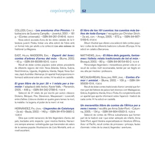 63 I8 Llengua. Literatura 
Mil anys de contes mitològics / traducció: Pau 
Joan Hernández. - Baula, 2001. - 398 p. - (Mil anys de 
contes). - ISBN 84-479-0926-3. 30,11 ¤ 
Recopilació de mites de diverses cultures del món. Els 
contes estan classifi cats per temes: de l’origen de la huma-nitat, 
de la immortalitat, de l’amor, etc. Cada conte va precedit 
d’informacions pràctiques sobre el text: edat aconsellada per 
seguir la narració, temps calculat de lectura, lloc on es des-envolupa 
la història i personatges principals. Hi ha edició en 
castellà. 
Naiyakay: llegendes africanes. - La Galera, 2004. 
- 46 p. - (Llegendes). - ISBN 84-246-3474-8. 6,70 ¤ 
Quart títol d’una col·lecció que ens apropa a les tradicions 
narratives de diferents cultures. Les llegendes africanes aquí 
reunides ens mostren el respecte i la fi delitat al llegat dels 
avantpassats i les forces de la naturalesa. Enceta el llibre una 
breu introducció al continent africà. Altres títols de la col·lecció: 
La fl or del cirerer: llegendes japoneses, Popocatépetl: llegen-des 
sud-americanes. 
Per fat i fat: contes per tornar a contar / Elisabet 
Abeyà, Caterina Valriu. - 3a ed. - Moll, 2006. - 198 p. 
- (La Finestra). - ISBN 84-273-0712-8. 11,50 ¤ 
Un bon recull de contes populars i tradicionals universals 
per ser explicats. Eina útil per al mestre a l’hora de llegir en 
veu alta textos per fomentar el gust per la lectura en els nens 
i les nenes. 
PRADA, JOSÉ MANUEL DE. - Mites, contes i llegen-des 
dels cinc continents. - Joventut, 1999. - 192 p. 
- ISBN 84-261-3097-6. 18,00 ¤ 
Recull de trenta-dos relats tradicionals d’arreu del món. 
José Manuel de Prada, especialista en literatura oral, ha adap-tat 
narracions populars de diferents cultures: japonesa, armè-nia, 
sioux, maorí, etc. Hi ha edició en castellà. 
RIORDAN, JAMES. - El Mag d’Oz / adaptació: James 
Riordan; il·lustracions: Víctor G. Ambrus. - Reimpr. - 
Vicens-Vives, 2003. - 143 p. - (Cucanya). - ISBN 84- 
316-5884-3. 7,10 ¤ 
Un clàssic de la literatura fantàstica infantil on la superació 
de les difi cultats, l’amistat i l’aventura confeccionen un itinerari 
apassionant. 
SWIFT, JONATHAN. - Gulliver, viatge a Lil·liput / 
adaptat i il·lustrat per Julie Faulques. - Joventut, 2005. 
- 56 p. - ISBN 84-261-3459-9. 14,90 ¤ 
Nova adaptació d’un dels viatges de Gulliver, títol clàssic 
de l’escriptor Jonathan Swift. Les aventures a Lil·liput es nar-ren 
en un àlbum amb il·lustracions a doble pàgina. 
TÉBAR, JUAN. - Contes de les mil i una nits il·lustrats 
per Javier Serrano... [et al.]. - Barcanova, 2001. - 197 p. 
- ISBN 84-489-1014-1. 28,00 ¤ 
Adaptació d’una selecció dels contes més famosos de les 
Mil i una nits. Narrats per Juan Tébar i il·lustrats, entre d’altres, 
per Javier Serrano i Marta Riera. Al fi nal, apareix una breu his-tòria 
sobre la compilació de les Mil i una nits, els seus possi-bles 
creadors, i les seves traduccions al català. Hi ha edició en 
castellà a Anaya. 
El teler de contes: històries fantàstiques teixi-des 
d’aquí i d’allà / contes recollits per Tanya Robyn 
Batt. - Intermón Oxfam, 2003. - 80 p. - ISBN 84-8452- 
226-1. 15,75 ¤ 
Recull de set contes fantàstics d’arreu del món amb un 
punt en comú: la producció de teixits. Abans de cada conte, hi 
ha una introducció amb informació bàsica sobre el teixit o la 
tècnica per teixir que surt a la història: la fabricació de la seda 
a la Xina, la tècnica dels pedaços o patchwork emprat pels 
jueus, l’estampació dels bàtik a Java, etc. 
 