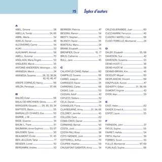 coneixements 76 
G 
GASSÓS, Dolors ------------------------67 
GAUDIN, Christine ---------------------31 
GIFFORD, Clive ------------------------ 55 
GIL, Carmen ------------------------68, 69 
GIL, Rosa ------------------------------- 66 
GIMÉNEZ, Toni ------------------------- 54 
GISBERT, Montse ----------------------16 
GLOT, Claudine ------------------------ 69 
GONZÁLEZ, Núria ----------- 28, 36, 46 
GOURIER, James -----------------------31 
GRANT, Neil -----------------------------70 
GREEN, Jen -------------------------31, 51 
GUIDOUX, Valérie -------------29, 31, 33 
H 
HAIN-JUN, Yue -------------------------67 
HAO, K. T. --------------------------------67 
HARCOURT, Claire d’ ------------------52 
HARRIS, Nicholas -------------31, 43, 50 
HARRIS, Robie H -----------------------42 
HENBEST, Nigel ----------------------- 29 
HERNÁNDEZ, Pau Joan --------------62 
HICKMAN, Clare ----------------------- 20 
HOLGATE, Sharon Ann --------------- 28 
HOLLYER, Beatrice --------------------47 
HUGGINS-COOPER, Lynn ------------37 
I 
INFIESTA, Eva ---------------------- 29, 35 
J 
JAFFÉ, Laura ----------------------------13 
JOLIVET, Joëlle -------------------------37 
JOLY, Dominique -----------------------71 
JONES, Annie -------------------------- 33 
JULIVERT, Maria Àngels ---------- 39, 46 
K 
KERROD, Robin ----------------------- 28 
KING, Daniel --------------------------- 54 
L 
LABBÉ, Brigitte ------------16, 17, 20, 24 
LANGLEY, Andrew ---------------------71 
LEBLOAS, Renée --------------------- 39 
LANGLOIS, Alex ----------------------- 33 
LEDU, Stéphanie -----------------------37 
LERASLE, Magdeleine ---------------- 54 
LIU, Siyuan ----------------------------- 69 
LLANSANA, Jordi --------------------- 30 
LLIMÓS, Anna -------------------------- 51 
LORIA, Stefano -------------------------52 
LUQUE, Luis --------------------------- 69 
M 
MADDERN, Eric ------------------------62 
MAGNENOT, Francis ------------------ 55 
MARÇAL, Maria Mercè ---------------- 60 
MARCET, Xavier ------------------- 36, 37 
MARIE, Christian ----------------------- 39 
MARTÍN ROIG, Gabriel ----------------- 51 
MARTÍN, Laia -------------------------- 54 
MARTÍNEZ RAMOS, Andrés --------- 58 
MATTHEWS, John ----------------------62 
MAYNARD, Christopher -------------- 28 
MCCAUGHREAN, Geraldine ----- 21, 62 
MCLAREN, Thando --------------------24 
MEIANI, Antonella --------------------- 28 
METTLER, René ------------------------32 
MICHAUX, Madeleine ------------------71 
MILO, Francesco ----------------------- 50 
MONTAGNAT, Serge -------------------42 
MORGAN, Ben -------------------------42 
MUNCH, Philippe ---------------------- 69 
MUSCAT, Bruno ------------------------24 
N 
NAVARRETE, Néstor -------------- 43, 44 
NIELÄNDER, Peter -------------------- 55 
O 
OBIOLS, Anna --------------------------67 
OLLÉ, M. Àngels ----------------------- 66 
OLMOS, Roger ------------------------ 60 
OMMER, Uwe -------------------------- 66 
ORTEGA, Ofelia ------------------------ 29 
OXLADE, Chris ------------------------ 44 
P 
PALACIO, Jean-Pierre ---------------- 20 
PANAFIEU, Jean-Baptiste de -------- 69 
PHILIP, Neil -----------------------------21 
PHILIPPO, Sophie --------------------- 33 
PICANYOL ----------------------------- 55 
PIÉROLA, Mabel ----------------------- 60 
 
