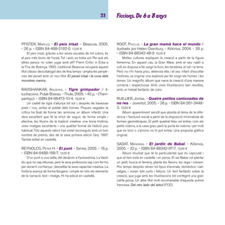 imaginació 32 
SCHNURRE, WOLFDIETRICH. - La princesa viene a las 
cuatro: una historia de amor / ilustraciones de Ro-traut 
Susanne Berner. - 2a ed. - Lóguez, 2005. - 32 p. 
- ISBN 84-89804-32-X. 10,50 ¤ 
Una solitària hiena, captiva al zoo, aconsegueix una invita-ció 
per anar a casa d’un simpàtic noi, fent-li creure que és una 
princesa encantada. Una història d’emocions il·lustrada per 
una artista que ha estat proposada al Premi Hans-Christian 
Andersen de l’any 2000. 
SOLOTAREFF, GRÉGOIRE. - El rey cocodrilo. - Corim-bo, 
2006. - 28 p. - ISBN 84-8470-224-3. 13,00 ¤ 
Com aconseguir la felicitat? Hi havia una vegada un coco-dril, 
els pares del qual no valoraven cap de les seves aptituds. 
Sempre n’esperaven més. El cocodril, decebut, es torna ferot-ge 
i cruel i no serà fi ns que troba una futura víctima serena i 
tranquil·la que aconseguirà replantejar-se els seus actes. Un 
llibre de mirades, de sobreentesos i comprensió, on unes il-lustracions 
perfectament compenetrades amb el text, com és 
habitual en l’autor, afavoreixen una lectura en veu alta, els co-mentaris 
dels infants i la pulsació de les emocions. 
THOMAS, VALERIE. - La bruixa Brunilda / il·lustracions: 
Korky Paul. - Lumen, 2006. - 26 p. - ISBN 84-9801- 
094-2. 10,00 ¤ 
Història divertida sobre els problemes de convivència en-tre 
la bruixa Brunilda i el seu gat Bru. En una casa negra, amb 
les catifes negres, un llit negre amb llençols negres, i fi ns i tot 
la banyera negra, un gat negre només pot portar problemes. 
Nova edició d’un conte publicat anteriorment per l’editorial Lu-men 
amb el títol: Winnie la bruixa. Molt recomanable. 
TURIN, ADELA. - Artur i Clementina / il·lustracions de 
Nella Bosnia. - Lumen, 2001. - 39 p. - ISBN 84-264- 
5201-9. 12,50 ¤ 
Artur i Clementina són dues tortugues que s’enamoren 
però, al llarg dels anys, ella s’avorreix d’estar a casa i desco-breix 
que fer coses i viatjar és molt millor. Conte “feminista” 
molt recomanable. També editat en castellà. 
UNGERER, TOMI. - Els tres bandits. - Kalandraka, 
2001. - 40 p. - (Libros para soñar). - ISBN 84-95730- 
16-2. 13,90 ¤ 
Il·lustracions molt contrastades, amb perspectives i com-posició 
força originals. Molt adients per a una bona història 
de por, amb suspens “in crescendo” i amb un fi nal tranquil-litzador. 
VINCENT, GABRIELLE. - La pequeña marioneta. - 2a 
ed. - Zendrera Zariquiey, 2004. - 72 p. - ISBN 84-8418- 
098-0. 13,00 ¤ 
Història visual que explica l’amistat que sorgeix entre un 
nen i un titella. Una història emotiva explicada gairebé sense 
gens de text gràcies a l’habilitat narrativa de les il·lustracions 
de Gabrielle Vincent. 
WALSER, ROBERT. - L’home que no s’adonava de 
res / il·lustracions de Carmen Segovia. - Cruïlla, 2005. 
- 57 p. - (El vaixell de vapor. Sèrie blanca). - ISBN 84- 
661-1046-1. 5,70 ¤ 
El protagonista és un home tan despistat que no s’adona-va 
de res. Podríem pensar que estava capfi cat, però no, el seu 
cap era buit. Ja li podia passar des de descuidar-se el barret o 
l’abric fi ns a perdre... la cosa més extravagant que ell continu-ava 
sense adonar-se’n. Un relat breu i magnífi c amb un punt 
d’existencialisme i d’absurd com tota la literatura d’aquest gran 
escriptor en llengua alemanya. 
 