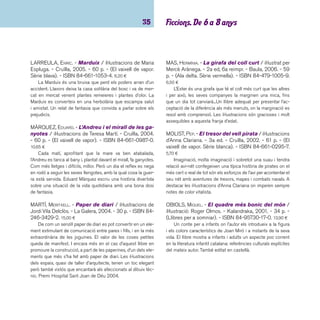 imaginació 36 
OLLÉ, M. ÀNGELS. - La ratona / il·lustracions de Roser 
Capdevila. - EUMO, 2006. - 31 p. - (Llegim i escrivim). 
- ISBN 84-9766-148-6. 4,00 ¤ 
La Ratona és una rateta d’allò més simpàtica, trafeguda i 
intel·ligent. Sigui el que sigui, ella sempre té una bona solució: 
practicar esports, cuinar, aprofi tar les qualitats de cada estació 
de l’any, etc. Una rateta molt espavilada i molt amiga del més 
menuts. Amb il·lustracions tendres, de tons suaus, amables, 
que es fan estimar i una maquetació a l’estil del còmic cons-titueix 
una bona lectura per iniciar els infants en aquest estil 
narratiu. 
PRATS, JOAN DE DÉU. - Oulembe el Saurí / dibuixos 
d’Àfrica Fanlo. - Intermón Oxfam, 2003. - 26 p. - ISBN 
84-8452-121-4. 10,00 ¤ 
Oulembe viurà aventures mentre s’inicia en l’ofi ci del seu 
pare, que és el saurí del poble (persona encarregada de trobar 
aigua). Un conte per apropar la realitat d’un poble del sud del 
Sàhara als nens i nenes. 
PRATS, JOAN DE DÉU. - Els patins del Sebastià / il-lustracions 
de: Francesc Rovira. - La Galera: Cercle de 
Lectors, 2003. - 32 p. - ISBN 84-246-3422-5. 13,00 ¤ 
El Sebastià és molt tímid, té un munt de coses a dir però 
sempre acota el cap i es queda mut amb tots els pensament 
dins del cap. Un dia, tornant de l’escola, va trobar uns patins 
abandonats al parc. Se’ls va emprovar i... zuuuuuuup! Premi 
Hospital Sant Joan de Déu 2003. 
RAMÓN, ELISA. - No és fàcil, petit esquirol! / il·lus-tracions: 
Rosa Osuna. - Kalandraka, 2003. - 36 p. - ISBN 
84-95730-55-3. 10,90 ¤ 
L’esquirol ha perdut la seva mare. Ni el seu pare, ni els 
amics, poden consolar-lo. No accepta xantatges ni paraules 
dolces, es revolta contra la mort. Només amb el temps acon-segueix 
aquella distància necessària per deixar de sentir el 
seu propi dolor i sentir més la presència de la seva mare. Una 
manera molt vàlida per explicar i ajudar a acceptar la mort d’un 
ésser proper i estimat. També editat en castellà. 
SIMÓ, RAFEL. - I doncs, Pinot? / dibuixos de Judit 
Morales. - La Galera, 2001. - 26 p. - ISBN 84-246- 
3413-6. 15,00 ¤ 
Al bosc de la Costa Roja tots els arbres estan units els 
uns als altres i s’ajuden entre ells, especialment en Pinot, un pi 
blanc. Bonica metàfora sobre la solidaritat. Destaca la descrip-ció 
dels paratges i de les situacions, a vegades en to poètic, 
amb un vocabulari que probablement serà nou per a l’infant. 
Premi Hospital Sant Joan de Déu 2001. 
TORRAS, MERI. - La meva germana Aixa / il·lus-tracions: 
Mikel Valverde. - La Galera, 2005. - 41 p. - 
(Grumets). - ISBN 84-246-2167-0. 6,20 ¤ 
L’ Aixa és una nena que va venir de l’ Àfrica. És una nena 
especial perquè ha conegut en carn pròpia la barbàrie de les 
mines antipersones. Només té una cama. Però ara és feliç, 
amb els seus nous pares i el seu nou germà. Relat optimista, 
des de la perspectiva de l’infant, sobre l’adopció, la integració i 
la mutilació física. Hi ha edició en castellà. 
 