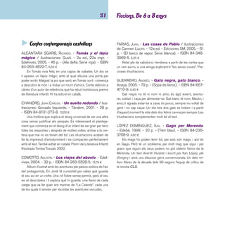 imaginació 38 
MACHADO, ANA MARÍA. - Niña bonita / ilustraciones 
de Rosana Faría. - 6a ed. - Ekaré, 2003. - 24 p. - (Ponte 
poronte). - ISBN 980-257-165-2. 5,40 ¤ 
Un conillet blanc, molt blanc, s’ha quedat encisat amb 
una nena negra, molt negra, i li agradaria posar-se un vestit 
ben negre, tan fosc com ella. Cada cop que la veu li pregunta: 
“Niña, niña bonita, ¿cuál es tu secreto para ser tan negrita?”. I 
en fa d’experiments per tornar-se negre!!, fi ns que fi nalment el 
conillet descobreix el secret. Una història encisadora de l’es-criptora 
brasilera Ana María Machado, il·lustrada amb molta 
llum per Rosana Faría. 
MARTÍNEZ, ROCÍO. - Matías pierde su lápiz. - Ekaré, 
2004. - 22 p. - (El jardín de los niños). - ISBN 980-257- 
299-3. 8,40 ¤ 
L’autora utilitza un llenguatge molt senzill i il·lustracions 
expressives per explicar una nova història protagonitzada per 
en Matías, un tímid talp il·lustrador. Aquest cop en Matías perd 
el seu llapis de color preferit i amb l’ajuda dels seus amics 
anirà recordant totes les coses que ha fet amb ell. Però... el 
trobarà?. 
NESQUENS, DANIEL. - Diecisiete cuentos y dos pin-güinos 
/ ilustraciones de Emilio Urberuaga. - Anaya, 
2006. - 96 p. - (Sopa de libros. Serie roja). - ISBN 84- 
207-0017-7. 6,25 ¤ 
Tal i com ens diu el títol som davant de disset contes d’hu-mor 
inspirats en la millor tradició de l’absurd i del disbarat. In-genuïtat 
i petits tocs d’acidesa on un dels protagonistes es 
pregunta si els conills, es cacen o es pesquen. Les excel·lents 
il·lustracions expressives i humorístiques s’ajusten molt bé al 
to del llibre. Si us agrada tant com a nosaltres, llegiu també: 
Hasta casi 100 bichos, un divertit bestiari de l’autor publicat 
per la mateixa editorial. 
RUBIO, ANTONIO. - Tres cuentos de Urraca / ilustra-ciones 
de Leticia Ruifernández. - Anaya, 2006. - 74 p. 
- (Sopa de libros). - ISBN 84-667-5195-5. 6,40 ¤ 
Una garsa guarda al seu niu tres objectes que va trobar 
abandonats: una casa de cargol, una camisa de serp i un es-quellot 
de cabra. Per a ella són tresors i li encanta explicar com 
els va trobar amb tres històries amb aires de romanç. 
SÁEZ CASTÁN, JAVIER. - Los tres erizos: pantomi-ma 
en dos actos con colofón. - Ekaré, 2003. - 32 
p. - (Ponte poronte). - ISBN 84-933060-0-2. 12,20 ¤ 
Tres eriçons, morts de gana, decideixen entrar dins d’un 
hort per agafar tot el que puguin. Hi troben tres pomes que 
s’enduen cap a casa per fer-se un bon tip. Però els propietaris 
de la fi nca decideixen trobar els autors del robatori i fer un 
escarment. Troben els eriçons, troben les pomes i comença 
un judici però, de sobte, el testimoni d’un jurat canviarà tot 
el panorama i els lladres passaran a ser uns herois. Humor i 
misteri en un llibre excel·lent i amb unes grans il·lustracions. 
Per llegir i comentar. 
VENTURA, ANTONIO. - Dos lobos blancos / ilustraci-ones 
de Teresa Novoa. - Edelvives, 2004. - 28 p. - ISBN 
84-263-5268-5. 12,79 ¤ 
Els llops no són éssers solitaris els agrada la companyia i 
tenir la seva pròpia llopada. Dos llops travessen el bosc glaçat 
seguint un rastre. Descripcions poètiques i misterioses per un 
paisatge nevat, i dos llops units per l’esperit gregari. Excel·lents 
il·lustracions on la cerca en el bosc es fa més intensa. 
 