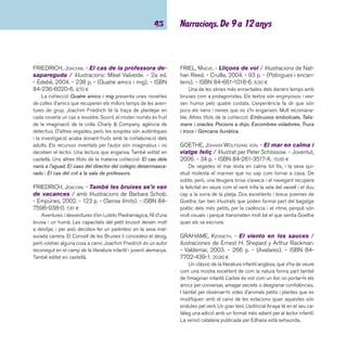 imaginació 44 
HAUSFATER-DOUÏEB, RACHEL; LATYK, OLIVIER. - El 
nen estel. - Baula, 2003. - 26 p. - ISBN 84-479- 
1093-8. 12,79 ¤ 
Hi havia un país on els qui eren considerats diferents ha-vien 
de portar un estel groc cosit a la roba en un lloc ben 
visible. El nen estel, protagonista del conte, s’ha d’amagar i, 
molt espantat, veu com uns caçadors s’emporten altres estels 
petits i grans que desapareixen dins la nit. La història se situa 
a l’Alemanya nazi, però refl ecteix el sofriment de molts nens i 
grans que contínuament són perseguits només perquè són o 
pensen diferent. La permanència del tema junt amb unes il-lustracions 
a tota pàgina que s’hi integren perfectament el fan 
un llibre intel·ligible als infants de qualsevol època i lloc. També 
editat en castellà. 
LANDA, MARIASUN. - Quan els gats se senten molt 
sols / il·lustracions de Asun Balzola. - 2a ed. - Bar-canova, 
1999. - 96 p. - (Sopa de llibres. Sèrie blava). 
- ISBN 84-489-0650-0. 6,70 ¤ 
Història sobre la forta relació entre la Maider i la seva gata 
Ofèlia. La protagonista se sent molt sola des que la seva mare 
ha tornat a treballar i el seu pare ha marxat de casa. La cosa 
es complica el dia en què la gata s’escapa i la Maider surt 
a la seva recerca sense importar-li el risc. També editat en 
castellà. 
LARREA, MIGUEL. - El llibre de la jungla, de Ru-dyard 
Kipling / il·lustracions de Javier Andrada. - La 
Galera, 2006. - 40 p. - (Petits universals). - ISBN 84- 
246-2153-0. 10,00 ¤ 
En un racó de la selva, davant la cova on viuen una pa-rella 
de llops amb la seva llopada acabada de néixer, mates i 
matolls comencen a moure’s i una estranya criatura, menuda i 
delicada sense pèls al cos, apareix de sobte i es posa a jugar 
amb els cadells de llop. La lloba, fascinada amb la cria d’home 
que acaben de trobar, decideix protegir-la dels perills de la sel-va. 
Un clàssic molt ben adaptat del Premi Nobel de Literatura, 
nascut a Bombai, que sap descriure molt bé el país on va néi-xer 
i converteix en una gran faula la vida dels animals de la sel-va. 
Si el text literari és bo, i la versió també, les il·lustracions no 
es queden enrere i presenten una selva feréstega, no exempta 
de perills, tot i l’amabilitat dels amics. És fantàstica la immensa 
tonalitat de verds que aconsegueix l’il·lustrador i la gran varie-tat 
de vegetació contrastada. 
LE THANH, TAÏ-MARC. - Babaiaga / il·lustració: Rébec-ca 
Dautremer. - Baula, 2004. - 38 p. - ISBN 84-479- 
1238-8. 16,70 ¤ 
Babaiaga és una ogressa per vocació i, tot i que només 
té una dent, la seva gran passió és menjar nens. Un dia la 
seva germana li envia la fi llastra, Engruneta. Abans d’arribar al 
restaurant de la Babaiaga, es troba un gripau que l’avisa de la 
dolenteria de la seva tia. I també li diu que porti amb ella: una 
cinta, un pot de greix, dues crostes de formatge i un tros de 
llard. Per què deuen servir? També editat en castellà. 
 