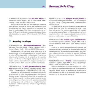 imaginació 52 
LINDO, ELVIRA. - Manolito Gafotas / ilustraciones de 
Emilio Urberuaga. - 14a ed. - Alfaguara, 2004. - 137 p. 
- (Manolito Gafotas). - ISBN 84-204-5854-6. 10,30 ¤ 
Manolito, vuit anys i nascut a Vallecas, ens ofereix la seva 
visió particular tant de la vida familiar i escolar com de la socie-tat 
que l’envolta. Narrat en primera persona i amb un llenguat-ge 
fresc i graciós, l’humor és la nota fonamental d’una obra 
plena de fets quotidians, que sovint resulten esperpèntics. 
LINDO, ELVIRA. - Yo y el imbécil: Manolito Gafotas 
/ ilustración de Emilio Urberuaga. - 14a ed. - Alfaguara, 
2004. - 211 p. - (Manolito Gafotas). - ISBN 84-204- 
5804-X. 10,30 ¤ 
Nova aventura de Manolito Gafotas, aquest popular perso-natge 
amb una visió bastant crítica del “mundo mundial” que li 
ha tocat viure. En aquesta ocasió ens explica les difícils relaci-ons 
que manté amb el seu germà petit, l’Imbècil. 
MATEOS, PILAR. - El fantasma en calcetines. - 2a 
ed., 8a reimpr. - Edelvives, 2006. - 145 p. - (Alandar). 
- ISBN 84-263-4847-5. 8,20 ¤ 
Història de dos nens, en Guillermo, que és cec, i en David, 
que és adoptat. A aquests dos protagonistes se’ls sumarà un 
altre nen, en Goyo, un ésser fantàstic la característica del qual 
és ser eternament un nen. Relat que mostra la relació d’amis-tat, 
la superació de les diferències i les arrels de les persones i 
de les històries d’un poble. L’autora, reconeguda escriptora de 
literatura infantil i juvenil, descriu amb molta cura i sensibilitat 
les diferències i les discapacitats dels protagonistes. Premi Ala 
Delta 1999. 
NESQUENS, DANIEL. - Hasta (casi) 100 bichos / 
ilustraciones de Elisa Arguilé. - 3a ed. - Anaya, 2005. 
- 207 p. - ISBN 84-667-0853-7. 12,25 ¤ 
Enginyós i divertit bestiari on l’absurd i la ingenuïtat van 
de la mà per explicar i crear animals estrafolaris, acompanyats 
d’unes defi nicions carregades d’humor. 
SEGOVIA, CARMEN. - Mitsu y Lala. - Anaya, 2004. - 26 
p. - (Los álbumes de Sopa de libros). - ISBN 84-667- 
4471-1. 11,00 ¤ 
Quan un es trasllada de casa pot tenir curiositat per saber 
qui havia viscut abans que ell entre aquelles parets. La troballa 
d’un àlbum de fotografi es amagat dins un vell cavall de cartró 
servirà per reconstruir la vida de dos germans, dels seus jocs, 
afi cions i amics, en un temps ple d’incerteses, envoltats per 
l’atmosfera enrarida de la dictadura. Les il·lustracions són les 
fotografi es de l’àlbum de fotos que fan els nens. Segon Premi 
del Certamen Internacional d’Àlbum Il·lustrat “Ciudad de Ali-cante” 
2004. 
SERRANO, MARCELA; MAIRA SERRANO, MARGARITA. - El 
cristal del miedo / ilustraciones de Jesús Gabán. - 
Ediciones B, 2002. - 60 p. - (La escritura desatada). 
- ISBN 84-666-1089-8. 10,00 ¤ 
Un relat de por i sobre la por. Una noia jove decideix anar 
a treballar al castell del marquès Mortis Filipo Mortuorio. Allà 
descobrirà els misteris que amaga el marquès alquimista 
mentre confecciona collarets, uns collarets molt especials fets 
amb materials intangibles però intensos com el relat. Les il-lustracions 
augmenten les emocions que destil·la el text. 
 