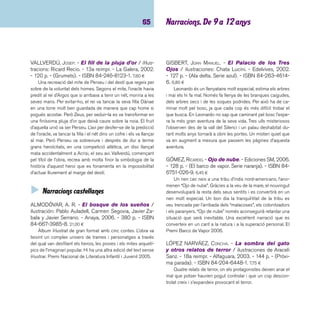 imaginació 66 
MARTÍN GARZO, GUSTAVO. - Tres cuentos de hadas 
/ ilustraciones de Jesús Gabán. - Siruela, 2003. - 131 p. 
- (Las tres edades). - ISBN 84-7844-733-4. 16,50 ¤ 
L’amistat entre una nena i un rossinyol que li salvarà la vida, 
una fada que suplanta a una nena morta i els amors d’una 
princesa i un drac són els arguments dels tres contes que ha 
escrit Gustavo Martín amb grans dosis de fantasia i de mà-gia. 
La prosa delicada i precisa de l’autor s’acompanya d’unes 
il·lustracions en color de Jesús Gabán. L’obra ha estat guar-donada 
amb el Premi Nacional de Literatura Infantil i Juvenil 
2004, convocat pel Ministeri de Cultura. 
MOURE TRENOR, GONZALO. - Los gigantes de la 
luna / ilustraciones: Fernando Martín Godoy. - 3a re-impr. 
- Edelvives, 2003. - 113 p. - (Ala delta). - ISBN 
84-263-4967-6. 7,10 ¤ 
Tot va començar quan la família d’en Pablo decideix acollir 
a casa seva a la Naisma, una nena sahariana procedent d’un 
campament de refugiats. És la història d’una amistat, de com 
Pablo i la seva família obren el cor a la nena, i de com la nena 
els obre els ulls i el cor a moltes realitats, poc plantejades en 
la vida còmoda de Pablo. El protagonista té una afi ció: mirar 
els estels; amb la Naisma descobrirà el secret dels gegants 
de la Lluna, una llegenda sahariana que tindrà ocasió de viure 
quan visiti a la Naisma al campament. Una història d’amistat, 
de sentiments i d’alguna cosa més. 
MOURE TRENOR, GONZALO. - Maíto Panduro / ilus-traciones 
de Fernando Martín Godoy. - 2a ed., 10a reim-pr. 
- Edelvives, 2006. - 121 p. - (Ala delta. Serie verde). 
- ISBN 84-263-4856-4. 7,10 ¤ 
Emotiu conte que narra la història de Maito, un nen gitano, 
i el seu pare, Panduro, que és a la presó. Com que Panduro és 
analfabet s’envien cartes on el text són dibuixos, però els mis-satges 
poesia. Premi Ala Delta 2001. Un altre títol recomanat 
de l’autor: Palabras de caramelo (Anaya). 
SEPÚLVEDA, LUIS. - Historia de una gaviota y del 
gato que le enseñó a volar / ilustraciones de Miles 
Hyman. - 29a ed. - Tusquets, 2003. - 138 p. - (Andan-zas). 
- ISBN 84-7223-796-6. 10,00 ¤ 
Una gavina ha quedat atrapada per una onada de petroli, 
sap que ha de morir i deixa l’ou que acaba de posar a Zorbas, 
un gat negre i gros però amb un gran sentit de la responsabi-litat. 
Ell és l’encarregat de criar i ensenyar a ser gavina a l’ocell 
adoptat, amb totes les difi cultats que pot representar el repte. 
Un relat amb moltes lectures que permet refl exionar sobre la 
diversitat, la tolerància, la protecció del medi ambient i la inter-venció 
de l’home en el medi. 
SKÁRMETA, ANTONIO. - La composición / ilustracio-nes 
de Alfonso Ruano. - Ediciones SM, 2000. - 36 p. 
- ISBN 84-348-6848-2. 12,90 ¤ 
L’autor de El cartero de Neruda presenta aquesta narració 
realista i dramàtica protagonitzada per un nen xilè de 9 anys 
durant la dictadura del general Pinochet. A l’escola, els mili-tars 
els obliguen a escriure una redacció sobre el que fan els 
seus pares per la nit. L’il·lustrador crea una atmosfera contin-guda 
i emocional, talment un reportatge en imatges, ben com-pactada 
amb el dramatisme del relat. Premi Llibreter àlbum 
il·lustrat 2000, atorgat pel Gremi de Llibreters de Barcelona 
i Catalunya. 
VILLANES CAIRO, CARLOS. - La batalla de los árbo-les 
/ ilustraciones: Esperanza León. - 6a ed. - Ediciones 
SM, 1998. - 125 p. - (El barco de vapor. Serie naranja). 
- ISBN 84-348-4796-5. 6,71 ¤ 
El relat s’inicia amb un incendi en els boscos d’Astúries, 
amb la lluita per salvar els arbres. Per altra banda, a Madrid, 
l’ajuntament ha decidit fer una tala important d’una de les po-ques 
zones verdes de la ciutat per poder construir un aparca-ment. 
Un relat per refl exionar sobre els valors mediambientals 
i l’actuació de l’home sobre la natura. 
 