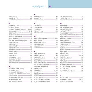 71 Índex d’autors 
NORAC, Carl ------------------------ 9, 45 
NÖSTLINGER, Christine -------------- 58 
NÚÑEZ, Marisa -------------------------12 
O 
OBIOLS, Anna --------------------------17 
OBIOLS, Miquel ------------------------ 35 
O’CALLAGHAN I DUCH, Elena ------ 50 
OLI ---------------------------------------17 
OLIVÉ, Pau ----------------------------- 26 
OLLÉ, M. Àngels ----------------------- 36 
OLTEN, Manuela ----------------------- 30 
ORAM, Hiawyn --------------------------17 
ORLEV, Uri ----------------------------- 58 
ORMEROD, Jan ------------------------10 
OZ, Amos ------------------------------- 58 
P 
PATACRÚA ------------------------------24 
PAUSEWANG, Gudrun ---------------- 59 
PENNAC, Daniel ----------------------- 59 
PERRAULT, Charles --------------------24 
PFISTER, Marcus -----------------------31 
PITZORNO, Bianca -------------------- 45 
PLACE, François ----------------------- 59 
PONS, Pere ---------------------------- 63 
PONS, Ponç ---------------------------- 64 
PRADAS, Núria ------------------------ 64 
PRATS, Joan de Déu ------------------ 36 
PRESS, Hans Jürgen ----------------- 59 
PREUSSLER, Otfried ----------------- 45 
R 
RAMÓN, Elisa -------------------------- 36 
RAMOS, Mario -------------------------- 11 
RAVISHANKAR, Anushka -------------31 
RAYÓ I FERRER, Miquel -------------- 64 
REYNOLDS, Peter H. ------------------31 
RIUS, Roser ----------------------------- 11 
RODARI, Gianni ------------------------ 46 
ROOT, Phyllis ----------------------------31 
ROS, Roser ------------------------------24 
ROWLING, J. K. ------------------------ 59 
RUBIO, Antonio ------------------------ 38 
RUBIO, Gabriela ------------------------13 
RUDO, Marcy --------------------------- 59 
RUILLIER, Jérôme ----------------------31 
S 
SACHAR, Louis ------------------------ 60 
SADAT, Mandana -------------------17, 31 
SÁEZ CASTÁN, Javier ---------------- 38 
SAID, SF -------------------------------- 46 
SAKAÏ, Komako -------------------------10 
SALVÀ, Francesc -----------------------13 
SÁNCHEZ GARCÍA, Gloria ----------- 46 
SANVOISIN, Éric ----------------------- 46 
SCHÄRER, Kathrin ---------------------17 
SCHNURRE, Wolfdietrich --------------32 
SCIESZKA, Jon ------------------------ 46 
SEGOVIA, Carmen ---------------------52 
SENDAK, Maurice ----------------------17 
SEPÚLVEDA, Luis --------------------- 66 
SERRANO, Marcela --------------------52 
SIERRA I FABRA, Jordi --------------- 64 
SIMÓ, Rafel ----------------------------- 36 
SKÁRMETA, Antonio ------------------ 66 
SMADJA, Brigitte ---------------------- 60 
SOLÉ VENDRELL, Carme -------------15 
SOLOTAREFF, Grégoire -----------32, 60 
SOMMER-BODENBURG, 
Angela ----------------------------46, 60 
SORRIBAS I ROIG, Sebastià ----- 50, 51 
STILTON, Geronimo --------------------47 
SWOBODA, Annette -------------------15 
T 
TALLEC, Olivier -------------------------12 
TEIXIDOR, Emili ----------------------- 64 
TELLEGEN, Toon -----------------------47 
THOMAS, Valerie -----------------------32 
TORRAS, Meri ------------------------- 36 
TURIN, Adela ----------------------------32 
U 
UNGERER, Tomi ------------------------32 
URBERUAGA, Emilio ----------------- 34 
V 
VALERI, M. Eulàlia ----------------- 13, 24 
VALLVERDÚ, Josep --------------- 24, 65 
VALRIU, Caterina -----------------------24 
VAN ALLSBURG, Chris ----------------47 
VANMECHELEN, Koen --------------- 58 
VÁZQUEZ-VIGO, Carmen ------------- 53 
 