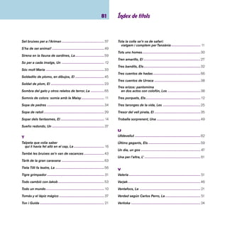 imaginació 82 
Vestit nou de l’emperador, El ------------------------------- 24 
Viajes del abuelo, Los ----------------------------------------37 
Viatge al país dels lacets ------------------------------------50 
Viatges dels quatre minyons de Vallairosa, Els ---------50 
Viento en los sauces, El -------------------------------------43 
Volta al món en 80 dies, La ---------------------------------60 
X 
Xola i els lleons, La -------------------------------------------26 
Y 
Yo y el imbécil: Manolito Gafotas --------------------------52 
Yo ---------------------------------------------------------------- 18 
Z 
Zoo d’en Pitus, El --------------------------------------------- 51 
Zoom ------------------------------------------------------------26 
 