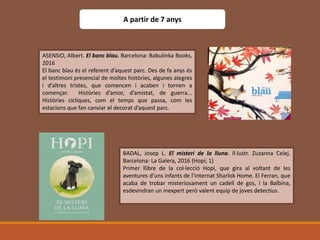 A partir de 7 anys
ASENSIO, Albert. El banc blau. Barcelona: Babulinka Books,
2016
El banc blau és el referent d’aquest parc. Des de fa anys és
el testimoni presencial de moltes històries, algunes alegres
i d’altres tristes, que comencen i acaben i tornen a
començar. Històries d’amor, d’amistat, de guerra...
Històries cícliques, com el temps que passa, com les
estacions que fan canviar el decorat d’aquest parc.
BADAL, Josep L. El misteri de la lluna. Il·lustr. Zuzanna Celej.
Barcelona: La Galera, 2016 (Hopi; 1)
Primer llibre de la col·lecció Hopi, que gira al voltant de les
aventures d’uns infants de l’internat Sharlok Home. El Ferran, que
acaba de trobar misteriosament un cadell de gos, i la Balbina,
esdevindran un inexpert però valent equip de joves detectius.
 