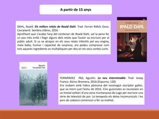 A partir de 15 anys
DAHL, Roald. Els millors relats de Roald Dahl. Trad. Ferran Ràfols Gesa.
Carcaixent: Sembra Llibres, 2016
Aprofitant que s’acaba l’any del centenari de Roald Dahl, val la pena fer
un pas més enllà i llegir alguns dels relats que l’autor va escriure per al
públic adult. Si us va atrapar en els seus relats infantils pel seu enginy,
mala baba, humor i capacitat de sorpresa, ara podeu comprovar com
tots aquests ingredients es multipliquen per dos en els seus contes curts.
FERNÁNDEZ PAZ, Agustín. La neu interminable. Trad. Josep
Franco. Alzira: Bromera, 2016 (Espurna; 120)
Ens trobem amb l’obra pòstuma del reconegut escriptor gallec,
que va morir just l’estiu de 2016. Cinc guionistes es reuneixen en
un hostal solitari d’una zona muntanyosa de Lugo per escriure una
sèrie de televisió de por. La tempesta els deixa incomunicats i les
pors de cadascú comencen a fer-se realitat.
 