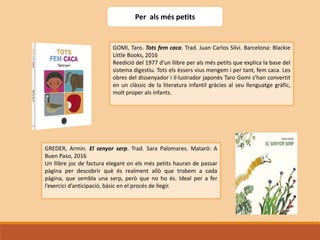 Per als més petits
GOMI, Taro. Tots fem caca. Trad. Juan Carlos Silvi. Barcelona: Blackie
Little Books, 2016
Reedició del 1977 d’un llibre per als més petits que explica la base del
sistema digestiu. Tots els éssers vius mengem i per tant, fem caca. Les
obres del dissenyador i il·lustrador japonès Taro Gomi s’han convertit
en un clàssic de la literatura infantil gràcies al seu llenguatge gràfic,
molt proper als infants.
GREDER, Armin. El senyor serp. Trad. Sara Palomares. Mataró: A
Buen Paso, 2016
Un llibre joc de factura elegant on els més petits hauran de passar
pàgina per descobrir què és realment allò que trobem a cada
pàgina, que sembla una serp, però que no ho és. Ideal per a fer
l’exercici d’anticipació, bàsic en el procés de llegir.
 