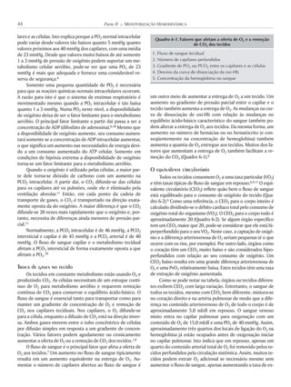 lares e as células. Isto explica porque a PO2 normal intracelular
pode variar desde valores tão baixos quanto 5 mmHg quanto
valores próximos aos 40 mmHg dos capilares, com uma média
de 23 mmHg. Desde que valores muito baixos de até somente
1 a 3 mmHg de pressão de oxigênio podem suportar um me-
tabolismo celular aeróbio, pode-se ver que uma PO2 de 23
mmHg é mais que adequada e fornece uma considerável re-
serva de segurança.6
Somente uma pequena quantidade de PO2 é necessária
para que as reações químicas normais intracelulares ocorram.
A razão para isto é que o sistema de enzimas respiratório é
movimentado mesmo quando a PO2 intracelular é tão baixa
quanto 1 a 3 mmHg. Numa PO2 neste nível, a disponibilidade
de oxigênio deixa de ser o fator limitante para o metabolismo
aeróbio. O principal fator limitante a partir daí passa a ser a
concentração de ADP (difosfato de adenosina).6,10 Mesmo que
a disponibilidade de oxigênio aumente, seu consumo aumen-
tará somente se a concentração de ADP intracelular aumentar,
o que significa um aumento nas necessidades de energia devi-
do a um consumo aumentado do ATP celular. Somente em
condições de hipóxia extrema a disponibilidade de oxigênio
torna-se um fator limitante para o metabolismo aeróbio.
Quando o oxigênio é utilizado pelas células, a maior par-
te dele torna-se dióxido de carbono com um aumento na
PCO2 intracelular. A partir daí, o CO2 difunde-se das células
para os capilares até os pulmões, onde ele é eliminado pela
ventilação alveolar.11 Então, em cada ponto da cadeia de
transporte de gases, o CO2 é transportado na direção exata-
mente oposta da do oxigênio. A maior diferença é que o CO2
difunde-se 20 vezes mais rapidamente que o oxigênio e, por-
tanto, necessita de diferenças ainda menores de pressão par-
cial.11
Normalmente, a PCO2 intracelular é de 46 mmHg, a PCO2
intersticial e capilar é de 45 mmHg e a PCO2 arterial é de 40
mmHg. O fluxo de sangue capilar e o metabolismo tecidual
afetam a PCO2 intersticial de forma exatamente oposta a que
afetam a PO2.10
Troca de gases no tecido
Os tecidos em constante metabolismo estão usando O2 e
produzindo CO2. As células necessitam de um estoque contí-
nuo de O2 para metabolismo aeróbio e requerem remoção
contínua de CO2 para conservar o equilíbrio ácido-básico. O
fluxo de sangue é essencial tanto para transportar como para
manter um gradiente de concentração de O2 e remoção de
CO2 nos capilares teciduais. Nos capilares, o O2 difunde-se
para a célula, enquanto a difusão de CO2 está na direção inver-
sa. Ambos gases movem entre o tubo concêntrico de células
por difusão simples em resposta a um gradiente de concen-
tração. Vários fatores podem agudamente ou cronicamente
aumentar a oferta de O2 ou a remoção de CO2 dos tecidos.1,8
O fluxo de sangue é o principal fator que afeta a oferta de
O2 aos tecidos.7 Um aumento no fluxo de sangue tipicamente
resulta em um aumento equivalente na entrega de O2. Au-
mentar o número de capilares abertos ao fluxo de sangue é
um outro meio de aumentar a entrega de O2 a um tecido. Um
aumento no gradiente de pressão parcial entre o capilar e o
tecido também aumenta a entrega de O2. As mudanças na cur-
va de dissociação de oxi-Hb com relação às mudanças no
equilíbrio ácido-básico característico do sangue também po-
dem alterar a entrega de O2 aos tecidos. Da mesma forma, um
aumento no número de hemácias ou no hematócrito (e con-
seqüentemente na concentração de hemoglobina) também
aumenta a quantia de O2 entregue aos tecidos. Muitos dos fa-
tores que aumentam a entrega de O2 também facilitam a re-
moção do CO2 (Quadro 6-1).6
O equivalente circulatório
Todos os tecidos consomem O2 a uma taxa particular (VO2)
e têm taxas típicas de fluxo de sangue em repouso.6,9,11 O equi-
valente circulatório (CEO2) reflete quão bem o fluxo de sangue
está equilibrado para o consumo de oxigênio do tecido (Qua-
dro 6-2).6 Como uma referência, o CEO2 para o corpo inteiro é
calculado dividindo-se o débito cardíaco total pelo consumo de
oxigênio total do organismo (VO2). O CEO2 para o corpo todo é
aproximadamente 20 (Quadro 6-2). Se algum órgão específico
tem um CEO2 maior que 20, pode-se considerar que ele está hi-
perperfundido para o seu VO2. Neste caso, a captação de oxigê-
nio e a diferença arteriovenosa de O2 seriam pequenas (é o que
ocorre com os rins, por exemplo). Por outro lado, órgãos como
o coração têm um CEO2 muito baixo e são considerados hipo-
perfundidos com relação ao seu consumo de oxigênio. Um
CEO2 baixo resulta em uma grande diferença arteriovenosa de
O2 e uma PvO2 relativamente baixa. Estes tecidos têm uma taxa
de extração de oxigênio aumentada.
Como se pode notar na tabela, órgãos ou tecidos diferen-
tes exibem CEO2 com larga variação. Entretanto, o sangue de
todos os tecidos, mesmo com CEO2 bem diferente, mistura-se
no coração direito e na artéria pulmonar de modo que a dife-
rença no conteúdo arteriovenoso de O2 de todo o corpo é de
aproximadamente 5,0 ml/dl em repouso. O sangue venoso
misto entra no capilar pulmonar para oxigenação com um
conteúdo de O2 de 15,0 ml/dl e uma PO2 de 40 mmHg. Assim,
aproximadamente três quartos dos locais de ligação do O2 na
hemoglobina já estão ocupados antes de oxigenação iniciar
no capilar pulmonar. Isto indica que em repouso, apenas um
quarto do conteúdo arterial total de O2 foi removido pelos te-
cidos perfundidos pela circulação sistêmica. Assim, muitos te-
cidos podem extrair O2 adicional se necessário mesmo sem
aumentar o fluxo de sangue, apenas aumentando a taxa de ex-
44 Parte II K MONITORIZAÇÃO HEMODINÂMICA
Quadro 6-1. Fatores que afetam a oferta de O2 e a remoção
de CO2 dos tecidos
1. Fluxo de sangue tecidual
2. Número de capilares perfundidos
3. Gradiente de PO2 ou PCO2 entre os capilares e as células
4. Desvios da curva de dissociação da oxi-Hb
5. Concentração da hemoglobina no sangue
 