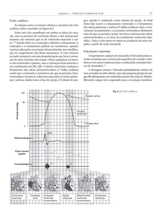 Ciclo cardíaco
As relações entre os eventos elétrico e mecânico do ciclo
cardíaco estão resumidas na Figura 6-3.
Existe um ciclo semelhante em ambos os lados do cora-
ção, mas as pressões do ventrículo direito e das artérias pul-
monares são menores que as do ventrículo esquerdo e aor-
ta.1,2,4 Sístole refere-se a contração e diástole a relaxamento. A
contração e o relaxamento podem ser isométricos, quando
ocorrem alterações na pressão intraventricular sem modifica-
ção no comprimento das fibras musculares. O ciclo inicia-se
no nodo sinoatrial com uma despolarização que leva à contra-
ção do átrio. Durante este tempo o fluxo sanguíneo no interi-
or dos ventrículos é passivo, mas a contração atrial aumenta o
seu enchimento em 20 a 30%. A sístole ventricular ocasiona o
fechamento das valvas atrioventriculares (1ª bulha cardíaca)
sendo que a contração é isométrica até que as pressões intra-
ventriculares tornem-se suficientes para abrir as valvas pulmo-
nar e aórtica, dando início à fase de ejeção. O volume de san-
gue ejetado é conhecido como volume de ejeção. Ao final
desta fase ocorre o relaxamento ventricular e o fechamento
das valvas pulmonar e aórtica (2ª bulha cardíaca). Após o rela-
xamento isovolumétrico, as pressões ventriculares diminuem
mais do que as pressões atriais. Isso leva à abertura das valvas
atrioventriculares e ao início do enchimento ventricular dias-
tólico. Todo o ciclo então se repete na seqüência de outro im-
pulso a partir do nodo sinoatrial.
Circulação coronária
O suprimento cardíaco do miocárdio é fornecido pelas ar-
térias coronárias que correm pela superfície do coração e divi-
dem-se em ramos colaterais para o endocárdio (camada inter-
na do miocárdio).1,4
A drenagem venosa é efetuada principalmente através do
seio coronário no átrio direito, mas uma pequena porção de san-
guefluidiretamentenosventrículosatravésdasveiasdeTebésio,
liberando sangue não oxigenado para a circulação sistêmica.
37Capítulo 6 K FISIOLOGIA CARDIOVASCULAR
Fig. 6-3. Ciclo cardíaco.
120
80
0
Pulso venoso
jugular
Pressão(mmHg)
Enchimento
ventricular
Contração
atrial
Contração
ventricular
isovolumétrica
Ejeção
ventricular
Relachamento
ventricular
isovolumétrico
Enchimento
ventricular
Pressão atrial
Pressão
ventricular
Pressão aórtica
QRS
Eletrocardiograma
P T
a c v
y
x
S1 S2Fonocardiograma
 