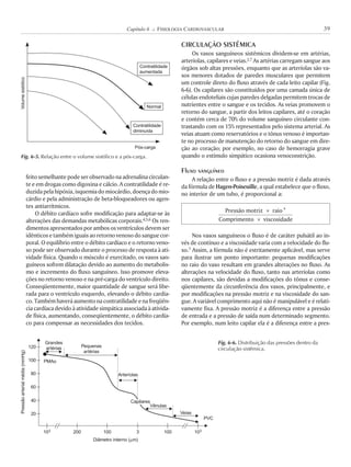 feitosemelhantepodeserobservadonaadrenalinacirculan-
te e em drogas como digoxina e cálcio. A contratilidade é re-
duzidapelahipóxia,isquemiadomiocárdio,doençadomio-
cárdio e pela administração de beta-bloqueadores ou agen-
tes antiarrítmicos.
O débito cardíaco sofre modificação para adaptar-se às
alterações das demandas metabólicas corporais.4,5,6 Os ren-
dimentos apresentados por ambos os ventrículos devem ser
idênticosetambémiguaisaoretornovenosodosanguecor-
poral. O equilíbrio entre o débito cardíaco e o retorno veno-
so pode ser observado durante o processo de resposta à ati-
vidade física. Quando o músculo é exercitado, os vasos san-
guíneos sofrem dilatação devido ao aumento do metabolis-
mo e incremento do fluxo sanguíneo. Isso promove eleva-
ções no retorno venoso e na pré-carga do ventrículo direito.
Conseqüentemente, maior quantidade de sangue será libe-
rada para o ventrículo esquerdo, elevando o débito cardía-
co.Tambémhaveráaumentonacontratilidadeenafreqüên-
cia cardíaca devido à atividade simpática associada à ativida-
de física, aumentando, conseqüentemente, o débito cardía-
co para compensar as necessidades dos tecidos.
CIRCULAÇÃO SISTÊMICA
Os vasos sanguíneos sistêmicos dividem-se em artérias,
arteríolas, capilares e veias.2,7 As artérias carregam sangue aos
órgãos sob altas pressões, enquanto que as arteríolas são va-
sos menores dotados de paredes musculares que permitem
um controle direto do fluxo através de cada leito capilar (Fig.
6-6). Os capilares são constituídos por uma camada única de
células endoteliais cujas paredes delgadas permitem trocas de
nutrientes entre o sangue e os tecidos. As veias promovem o
retorno do sangue, a partir dos leitos capilares, até o coração
e contém cerca de 70% do volume sanguíneo circulante con-
trastando com os 15% representados pelo sistema arterial. As
veias atuam como reservatórios e o tônus venoso é importan-
te no processo de manutenção do retorno do sangue em dire-
ção ao coração; por exemplo, no caso de hemorragia grave
quando o estímulo simpático ocasiona venoconstrição.
Fluxo sanguíneo
A relação entre o fluxo e a pressão motriz é dada através
da fórmula de Hagen-Poiseuille, a qual estabelece que o fluxo,
no interior de um tubo, é proporcional a:
Pressão motriz raio
Comprimento viscosidade
4
!
!
Nos vasos sanguíneos o fluxo é de caráter pulsátil ao in-
vés de contínuo e a viscosidade varia com a velocidade do flu-
xo.7 Assim, a fórmula não é estritamente aplicável, mas serve
para ilustrar um ponto importante: pequenas modificações
no raio do vaso resultam em grandes alterações no fluxo. As
alterações na velocidade do fluxo, tanto nas arteríolas como
nos capilares, são devidas a modificações do tônus e conse-
qüentemente da circunferência dos vasos, principalmente, e
por modificações na pressão motriz e na viscosidade do san-
gue. A variável comprimento aqui não é manipulável e é relati-
vamente fixa. A pressão motriz é a diferença entre a pressão
de entrada e a pressão de saída num determinado segmento.
Por exemplo, num leito capilar ela é a diferença entre a pres-
39Capítulo 6 K FISIOLOGIA CARDIOVASCULAR
Fig. 6-5. Relação entre o volume sistólico e a pós-carga.
Volumesistólico
Contratilidade
aumentada
Normal
Contratilidade
diminuída
Pós-carga
Fig. 6-6. Distribuição das pressões dentro da
circulação sistêmica.120
100
80
60
40
20
Pressãoarterialmédia(mmHg)
103 103200 100
Diâmetro interno ( m)"
3 100
Grandes
artérias Pequenas
artérias
Arteríolas
Vênulas
Veias
PVC
PMAo
Capilares
 