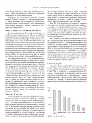 díaca, através dos ramos do nervo vago, desacelerando o co-
ração. Também ocorre redução da estimulação simpática nos
vasos periféricos levando à vasodilatação.
As respostas dos barorreceptores propiciam o controle
imediato da pressão sanguínea; se a hipotensão for prolonga-
da, outros mecanismos entram em operação, como a libera-
ção de angiotensina II e aldosterona, a partir dos rins e glân-
dulas adrenais, permitindo a retenção circulatória de sais e
água e mais vasoconstrição.
FISIOLOGIA DO TRANSPORTE DE OXIGÊNIO
O sistema cardiovascular deve suprir continuamente os
tecidos de nutrientes para sustentar a vida. Nossas células são
incapazes de armazenar oxigênio e necessitam deste substra-
to para gerar continuamente energia nas mitocôndrias e sus-
tentar forças vitais, como o gradiente eletroquímico das
membranas celulares, as contrações musculares e a síntese de
macromoléculas complexas.9 A falta de oxigênio pode causar
lesão tecidual direta devido à exaustão de ATP ou outros in-
termediários de alta energia necessários para a manutenção
da integridade estrutural das células. Além disso, lesões celu-
lares também podem ser intensificadas por radicais livres
quando a oferta de oxigênio segue um período de disóxia
com acúmulo de adenosina e outros metabólitos celulares.
Em organismos unicelulares, a captação de O2 e a elimina-
ção de CO2 podem ser realizadas por difusão simples a partir
do meio ambiente por causa das distâncias curtas de difusão.
Entretanto, organismos mais complexos, como o homem,
com grandes distâncias para o transporte de gases, as limita-
ções de difusão são sobrepujadas com estruturas especifica-
mente projetadas para entregar O2 e remover CO2 das bilhões
de células do nosso corpo.6 O modo ativo de vida do homem
requer uma disponibilidade abundante e contínua de O2 para
a energia necessária para trabalhar e dar apoio à vida. Várias
estruturas ajudam a realizar esta tarefa:6 1. os pulmões e sua
rede de capilares que proporcionam uma grande área de su-
perfície para troca de gases com ar de ambiente; 2. a hemoglo-
bina que funciona como portadora especializada para aumen-
tar a capacidade de carregar O2 através do sangue; e 3. um sis-
tema circulatório, que consiste no coração e no sistema vas-
cular que transporta o sangue entre os capilares de troca pul-
monares e teciduais.
Transporte de oxigênio
A microcirculação tem um papel importante na oxigena-
ção tecidual porque é através de suas paredes que o oxigênio
atravessa do sangue para atingir as células dos tecidos perifé-
ricos.7 Cada tecido possui uma arquitetura da microvasculatu-
ra que lhe é característica e que, provavelmente, foi adaptada
para as necessidades específicas daquele tecido. O oxigênio
trafega pelo sistema circulatório dos pulmões até às células,
por convecção e difusão.8 Convecção é o processo pelo qual
grandes quantidades de oxigênio podem ser transportadas
em grandes distâncias (macroscópicas). Os grandes vasos do
sistema circulatório são responsáveis pela distribuição efici-
ente do sangue oxigenado para todos os órgãos. A convecção
continua sendo importante para a distribuição do oxigênio
mesmo dentro da rede de microvasos. A difusão é um meca-
nismo eficiente de transporte de oxigênio em pequenas dis-
tâncias (frações de mícron) e é o meio de transporte de oxigê-
nio dos pequenos vasos e capilares para as células.
Uma das observações mais interessantes e intrigantes
com relação ao transporte de oxigênio através dos capilares é
o alto grau de heterogeneidade da perfusão neste nível.6,8
Esta heterogeneidade se expressa pela grande variabilidade
na velocidade de trânsito das hemácias e pelo número de he-
mácias que transitam pelos capilares na unidade de tempo.
Isto se deve a falta de uniformidade nas dimensões dos capila-
res nos diversos tecidos.
Uma das funções mais importantes do sistema circulató-
rio é fornecer uma oferta adequada de oxigênio (DO2) a todos
os tecidos do organismo.6,8,9 Vários mecanismos existem para
regular esta oferta em resposta às constantes modificações
nas necessidades. Nas situações de exercício, há um aumento
global na DO2, regulada principalmente pelo sistema nervoso
autônomo com aumento na contratilidade e na freqüência
cardíaca e aumento no débito cardíaco. Na microcirculação, o
aumento na perfusão em resposta a um tecido com demanda
aumentada por oxigênio se dá por dois mecanismos: 1. uma
diminuição na resistência dos vasos pré-capilares, e 2. um au-
mento na taxa de extração de oxigênio.7,8
Cascata de oxigênio
A pressão parcial de oxigênio (PO2) apresenta uma queda
progressiva desde o ar ambiente até o interior das células, um
preço pago pelos animais multicelulares de grande porte (Fig.
6-8).6,10 A PO2 no ar ambiente ao nível do mar é de aproxima-
damente 159 mmHg (PiO2 no ar ambiente). Entretanto, no ar
inspirado há uma queda na PO2 para 149 mmHg, à medida
que o vapor de água é adicionado ao ar inspirado na via aérea
superior. A PO2 alveolar é de aproximadamente 104 mmHg
porque ar inspirado é diluído quando misturado com ar alveo-
41Capítulo 6 K FISIOLOGIA CARDIOVASCULAR
Fig. 6-8. Cascata de oxigênio.
150
100
50
PO2
Ar
quente
Traquéia Alvéolo Aorta Capilar Interstício Célula
 