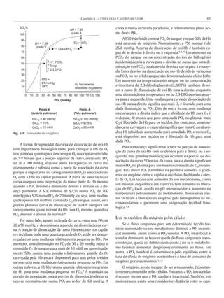 A forma de sigmoidal da curva de dissociação de oxi-Hb
tem importância fisiológica tanto para carregar a Hb de O2
nos pulmões quanto para descarregar O2 nos capilares tecidu-
ais.6,10 Notem que a porção superior da curva, entre uma PO2
de 70 a 100 mmHg, é quase plana. Esta porção da curva fre-
qüentemente é referida como a parte de associação da curva
porque é importante no carregamento de O2 (a associação do
O2 com a Hb) no capilar pulmonar. A parte de associação da
curva assegura uma oxigenação da maior parte da Hb mesmo
quando a PO2 alveolar é diminuída devido à altitude ou a do-
ença pulmonar. A SO2 diminui de 97,5% numa PO2 de 100
mmHg para 92% numa PO2 de 70 mmHg, ou seja, uma mudan-
ça de apenas 1,0 ml/dl no conteúdo O2 de sangue. Assim, esta
porção plana da curva de dissociação de oxi-Hb assegura um
carregamento quase normal da Hb com O2 mesmo quando a
PO2 alveolar é abaixo do normal.6
Por outro lado, a parte inclinada da curva, entre uma PO2 de
20 a 50 mmHg, é denominada a porção de dissociação da cur-
va. A porção de dissociação da curva é importante nos capila-
res teciduais onde uma quantia grande de O2 pode ser descar-
regada com uma mudança relativamente pequena na PO2. Por
exemplo, uma diminuição no PO2 de 50 a 20 mmHg reduz o
conteúdo O2 de sangue para mais de 10 ml/dl ou aproximada-
mente 50%. Assim, uma porção relativamente grande do O2
carregada pela Hb estará disponível para uso pelos tecidos
mesmo com uma mudança relativamente pequena na PO2. Em
outras palavras, a Hb libera uma quantia relativamente grande
de O2 para uma mudança pequena no PO2.8 A transição da
porção de associação para a porção de dissociação da curva
ocorre normalmente numa PO2 ao redor de 60 mmHg. A
curva é muito inclinada para baixo, e relativamente plana aci-
ma desta PO2.
A P50 é definida como a PO2 do sangue em que 50% da Hb
está saturada de oxigênio. Normalmente, a P50 normal é de
26,6 mmHg. A curva de dissociação de oxi-Hb é também ca-
paz de se desviar à direita ou à esquerda.6,8,10 Um aumento na
PCO2 do sangue ou na concentração do íon de hidrogênio
(acidemia) desvia a curva para a direita, ao passo que uma di-
minuição em PCO2 ou alcalemia desvia a curva para a esquer-
da. Estes desvios na dissociação de oxi-Hb devido às variações
na PCO2 ou no pH do sangue são denominados de efeito Bohr.
Um aumento na temperatura do sangue ou na concentração
eritrocitária da 2,3-difosfoglicerato (2,3-DPG) também desvi-
am a curva de dissociação de oxi-Hb para a direita, enquanto
uma diminuição na temperatura ou na 2,3-DPG desviam a cur-
va para a esquerda. Uma mudança na curva de dissociação de
oxi-Hb para a direita significa que mais O2 é liberado para uma
dada diminuição na PO2. Dito de outra forma, uma mudança
na curva para a direita indica que a afinidade de Hb para O2 é
reduzida, de modo que para uma dada PO2 no plasma, mais
O2 é libertado da Hb para os tecidos. Em contraste, uma mu-
dança na curva para a esquerda significa que mais O2 será uni-
do a Hb (afinidade aumentada) para uma dada PO2 e menos O2
está disponível aos tecidos ou é libertado da Hb para uma
dada PO2.
Pouca mudança significativa ocorre na porção de associa-
ção da curva de oxi-Hb com os desvios para a direita ou a es-
querda, mas grandes modificações ocorrem na porção de dis-
sociação da curva.6 Desvios da curva para a direita significam
maior PO2 no plasma para um mesmo conteúdo de O2 no san-
gue. Esta maior PO2 plasmática na periferia aumenta o gradi-
ente de oxigênio entre o capilar e as células, facilitando a ofer-
ta de O2. Um tecido com aumento do seu metabolismo, como
um músculo esquelético em exercício, tem aumento na libera-
ção de CO2 local, queda no pH microvascular e aumento na
temperatura pelo aumento do metabolismo. Todos estes efei-
tos facilitam a liberação do oxigênio pela hemoglobina na mi-
crovasculatura e garantem uma oxigenação tecidual fisio-
lógica.1,9
Uso metabólico do oxigênio pelas células
Se o fluxo sanguíneo para um determinado tecido tor-
na-se aumentado ou seu metabolismo diminui, a PO2 intersti-
cial aumenta, assim como a PO2 venular. A PO2 intersticial e
venular diminuem se houver queda do fluxo sanguíneo (vaso-
constrição, queda do débito cardíaco etc.) ou se o metabolis-
mo tecidual aumentar desproporcionalmente ao fluxo. Em
suma, a PO2 tecidual é determinada pelo equilíbrio entre a
taxa de oferta de oxigênio aos tecidos e a taxa de consumo de
oxigênio por eles mesmos.1,7,8
O oxigênio, sendo incapaz de ser armazenado, é constan-
temente consumido pelas células. Portanto, a PO2 intracelular
é sempre menor que a PO2 capilar e intersticial. Também, em
muitos casos, existe uma considerável distância entre os capi-
43Capítulo 6 K FISIOLOGIA CARDIOVASCULAR
Fig. 6-9. Transporte de oxigênio.
SO %2
PO (mmHg)2
100
80
50
20
90
60
30
70
40
10
0 10 30 60 90 12020 50 80 11040 70 100 130
pH = 7,38
ponto V
pH = 7,40
ponto A
D(a-v)PO2
D(a-v)SO2
! H , PCO+
2
!
!
Temp.
2,3 DPG
P50 =
27 mmHg
38°C
O fisicamente
dissolvido no plasma
2
Ponto V
(Artéria pulmonar)
Ponto A
(Veia pulmonar)
PVO =
SvO =
CvO
2
2
2 "
PaO =
SaO =
CaO
2
2
2 "
40 mmHg
75%
15 ml/dl
100 mmHg
97,5%
20 ml/dl
 