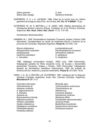 Salmo gairdneri
Salmo salar sebago
S. fario
Salvelinus fontinalis
GUERRERO, C. A. y A. LAFARGA. 1986. Edad de la trucha arco iris (Salmo
gairdneri) de la laguna Zeta (Prov. de Chubut). Inf. Téc. N° 4 INIDEP: 15 pp.
GUTIERREZ, M.; M. A. BISTONI y J. G. HARO. 1986. Hábitos alimentarios de
Cichlasoma facetum (Jenyns) (Pisces, Cichlidae) en el río Primero (Córdoba,
Argentina). Rev. Asoc. Cienc. Nat. Litoral, 17 (1): 115-126.
Cnesterodon decemmaculatus
HAMMAN, M. I. 1985. Procamallanus inopinatus Travassos, Artigas y Pereira 1928
(Nematoda, Camallanoidea) en peces de ambientes lóticos y leníticos de la
provincia de Corrientes, República Argentina, Physis B, 43 (105): 103.
Brycon orbignyanus
Ephyppicharax orbicularis
paraguayensis
Leporinus obtusidens
L. maculatus
Luciopimelodus pati
Pseudoplatystoma coruscans
Serrasalmus nattereri
S. spilopleura
S. marginatus
1986. Halipegus ovocaudatus (Vulpian, 1859) Loos, 1899 (Hemiuridae,
Halipeginae) parásita de Rana esculenta Linne, de Europa y Genarchella
genarchella Travassos, Artigas y Pereira, 1928 (Hemiuridae, Halipeginae)
parásita de Serrasalmus maxillosus Valenciennes, 1840 del sudeste de
América del Sur, anatomía y posición sistemática. Physis B, 44 (106): 19-24.
HARO, J. G.; M. A. BISTONI y M. GUTIERREZ. 1987. Ictiofauna del río Segundo
(Xanaes) (Córdoba, Argentina). Acad. Nac. Ciencias (Córdoba, Argentina),
Miscelánea N° 27: 3-13.
Cheirodon interruptus
Cheirodontinae sp.
Astyanax cordovae
A. eigenmanniorum
A. fasciatus
Astyanax sp.
Bryconamericus iheringi
Oligosarcus jenynsi
Parodon suborbitale
Hoplias malabaricus
Heptapterus mustelinus
Pimelodella laticeps
Pimelodus albicans
Rhamdia sapo
Trychomycterus corduvense
Trychomycterus sp.
Hatcheria sp.
Corydoras paleatus
Hypostomus cordovae
Gambusis affinis
Cnesterodon decemmaculatus
Jenynsia lineata
Basilichthys bonariensis
Synbranchus marmoratus
Cichlasoma facetum
16
 