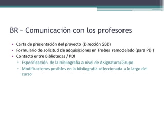 BR – Comunicación con los profesoresCarta de presentación del proyecto (Dirección SBD)Formulario de solicitud de adquisiciones en Trobes  remodelado (para PDI)Contacto entre Bibliotecas / PDIEspecificación  de la bibliografía a nivel de Asignatura/GrupoModificaciones posibles en la bibliografía seleccionada a lo largo del curso