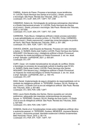 20
CABRAL, Antonio do Passo. Processo e tecnologia: novas tendências.
In: LUCON, Paulo Henrique dos Santos et al (coord.). Direito, processo
e tecnologia. São Paulo: Revista dos Tribunais, 2020. p. 83-110.
Localização: STJ, CLDF, SEN, STF, TJDFT, TST, CAM
CAMARGO, Solano de. Homologação de sentenças estrangeiras cibernéticas
e o Direito Internacional privado. In: LUCON, Paulo Henrique dos Santos
et al (coord.). Direito, processo e tecnologia. São Paulo: Revista dos Tribunais,
2020. p. 631-650.
Localização: STJ, CLDF, SEN, STF, TJDFT, TST, CAM
CARREIRA, Thaís Moura. Inteligência artificial e robotic process automation
e suas aplicabilidades ao universo jurídico. In: FALCÃO, Cintia; CARNEIRO,
Tayná (coord.). Direito exponencial: o papel das novas tecnologias no jurídico
do futuro. São Paulo: Revista dos Tribunais, 2020. p. 251- 260.
Localização: STJ, SEN, TCDF, TJDFT, TST, CAM
CHAVES JÚNIOR, José Eduardo de Resende. Processo em rede orientado
a dados. In: NUNES, Dierle José Coelho; LUCON, Paulo Henrique dos Santos;
WOLKART, Erik Navarro (org.). Inteligência artificial e Direito Processual:
os impactos da virada tecnológica no Direito Processual. 2. ed. rev. atual.
e ampl. Salvador: JusPODIVM, 2021. p. 655-281.
Localização: STJ, STF
CURY, Cesar. Um modelo transdisciplinar de solução de conflitos: Direito
e tecnologia no processo de recuperação judicial no leading case Oi S/A.
In: NUNES, Dierle José Coelho; LUCON, Paulo Henrique dos Santos;
WOLKART, Erik Navarro (org.). Inteligência artificial e Direito Processual:
os impactos da virada tecnológica no Direito Processual. 2. ed. rev. atual.
e ampl. Salvador: JusPODIVM, 2021. p. 149-170.
Localização: STJ, STF
DIAS, Daniel. Implementação de seguro obrigatório de responsabilidade civil no
contexto da inteligência artificial. In: TEPEDINO, Gustavo; SILVA, Rodrigo da
Guia (coord.). O Direito Civil na era da inteligência artificial. São Paulo: Revista
dos Tribunais, 2020. p. 651-662.
Localização: STJ, SEN, PGR, CAM, TJDFT
DIAS, Laura Osório Bradley dos Santos. Danos causados por veículos
autônomos: adequação das respostas contemporâneas às perguntas
futuras. In: TEPEDINO, Gustavo; SILVA, Rodrigo da Guia (coord.). O Direito
Civil na era da inteligência artificial. São Paulo: Revista dos Tribunais, 2020.
p. 627-649.
Localização: STJ, SEN, PGR, CAM, TJDFT
DONEDA, Danilo et al. Considerações iniciais sobre inteligência artificial, ética
e autonomia pessoal. In: TEPEDINO, Gustavo; MENEZES, Joyceane Bezerra
de (coord.). Autonomia privada, liberdade existencial e direitos fundamentais.
Belo Horizonte: Fórum, 2019. p. 95-114.
Localização: STJ, PGR, STF, TCDF, TJDFT, TST
 
