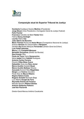 2
Composição atual do Superior Tribunal de Justiça
Humberto Eustáquio Soares Martins (Presidente)
Jorge Mussi (Vice-Presidente e Corregedor-Geral da Justiça Federal)
Felix Fischer
Francisco Cândido de Melo Falcão Neto
Fátima Nancy Andrighi
Laurita Hilário Vaz
João Otávio de Noronha
Maria Thereza Rocha de Assis Moura (Corregedora Nacional de Justiça)
Antonio Herman de Vasconcellos e Benjamin
Geraldo Og Nicéas Marques Fernandes (Diretor-Geral da Enfam)
Luis Felipe Salomão
Mauro Luiz Campbell Marques
Benedito Gonçalves (Diretor da Revista)
Raul Araújo Filho
Paulo de Tarso Vieira Sanseverino
Maria Isabel Diniz Gallotti Rodrigues
Antonio Carlos Ferreira
Ricardo Villas Bôas Cueva
Sebastião Alves dos Reis Júnior
Marco Aurélio Gastaldi Buzzi
Marco Aurélio Bellizze Oliveira
Assusete Dumont Reis Magalhães
Sérgio Luíz Kukina (Ouvidor)
Paulo Dias de Moura Ribeiro
Regina Helena Costa
Rogerio Schietti Machado Cruz
Luiz Alberto Gurgel de Faria
Reynaldo Soares da Fonseca
Marcelo Navarro Ribeiro Dantas
Antonio Saldanha Palheiro
Joel Ilan Paciornik
Diretor-Geral Marcos Antônio Cavalcante
 