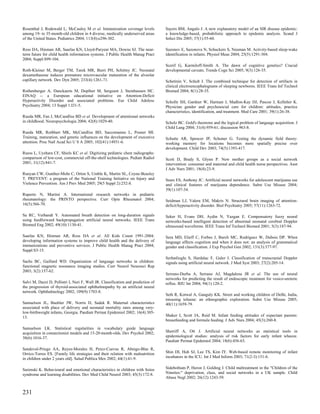 Rosenthal J, Rodewald L, McCauley M et al. Immunization coverage levels            Sayers BM, Angulo J. A new explanatory model of an SIR disease epidemic:
among 19- to 35-month-old children in 4 diverse, medically underserved areas       a knowledge-based, probabilistic approach to epidemic analysis. Scand J
of the United States. Pediatrics 2004; 113(4):e296-302.                            Infect Dis 2005; 37(1):55-60.

Ross DA, Hinman AR, Saarlas KN, Lloyd-Puryear MA, Downs SJ. The near-              Sazonov E, Sazonova N, Schuckers S, Neuman M. Activity-based sleep-wake
term future for child health information systems. J Public Health Manag Pract      identification in infants. Physiol Meas 2004; 25(5):1291-304.
2004; Suppl:S99-104.
                                                                                   Scerif G, Karmiloff-Smith A. The dawn of cognitive genetics? Crucial
Roth-Kleiner M, Berger TM, Tarek MR, Burri PH, Schittny JC. Neonatal               developmental caveats. Trends Cogn Sci 2005; 9(3):126-35.
dexamethasone induces premature microvascular maturation of the alveolar
capillary network. Dev Dyn 2005; 233(4):1261-71.                                   Schetinin V, Schult J. The combined technique for detection of artifacts in
                                                                                   clinical electroencephalograms of sleeping newborns. IEEE Trans Inf Technol
Rothenberger A, Danckaerts M, Dopfner M, Sergeant J, Steinhausen HC.               Biomed 2004; 8(1):28-35.
EINAQ -- a European educational initiative on Attention-Deficit
Hyperactivity Disorder and associated problems. Eur Child Adolesc                  Scholle SH, Gardner W, Harman J, Madlon-Kay DJ, Pascoe J, Kelleher K.
Psychiatry 2004; 13 Suppl 1:I31-5.                                                 Physician gender and psychosocial care for children: attitudes, practice
                                                                                   characteristics, identification, and treatment. Med Care 2001; 39(1):26-38.
Rueda MR, Fan J, McCandliss BD et al. Development of attentional networks
in childhood. Neuropsychologia 2004; 42(8):1029-40.                                Scholz BC. Gold's theorems and the logical problem of language acquisition. J
                                                                                   Child Lang 2004; 31(4):959-61; discussion 963-8.
Rueda MR, Rothbart MK, McCandliss BD, Saccomanno L, Posner MI.
Training, maturation, and genetic influences on the development of executive       Schutte AR, Spencer JP, Schoner G. Testing the dynamic field theory:
attention. Proc Natl Acad Sci U S A 2005; 102(41):14931-6.                         working memory for locations becomes more spatially precise over
                                                                                   development. Child Dev 2003; 74(5):1393-417.
Ruess L, Uyehara CF, Shiels KC et al. Digitizing pediatric chest radiographs:
comparison of low-cost, commercial off-the-shelf technologies. Pediatr Radiol      Scott D, Brady S, Glynn P. New mother groups as a social network
2001; 31(12):841-7.                                                                intervention: consumer and maternal and child health nurse perspectives. Aust
                                                                                   J Adv Nurs 2001; 18(4):23-9.
Runyan CW, Gunther-Mohr C, Orton S, Umble K, Martin SL, Coyne-Beasley
T. PREVENT: a program of the National Training Initiative on Injury and            Sears ES, Anthony JC. Artificial neural networks for adolescent marijuana use
Violence Prevention. Am J Prev Med 2005; 29(5 Suppl 2):252-8.                      and clinical features of marijuana dependence. Subst Use Misuse 2004;
                                                                                   39(1):107-34.
Ruperto N, Martini A. International research networks in pediatric
rheumatology: the PRINTO perspective. Curr Opin Rheumatol 2004;                    Seidman LJ, Valera EM, Makris N. Structural brain imaging of attention-
16(5):566-70.                                                                      deficit/hyperactivity disorder. Biol Psychiatry 2005; 57(11):1263-72.

Sa RC, Verbandt Y. Automated breath detection on long-duration signals             Seker H, Evans DH, Aydin N, Yazgan E. Compensatory fuzzy neural
using feedforward backpropagation artificial neural networks. IEEE Trans           networks-based intelligent detection of abnormal neonatal cerebral Doppler
Biomed Eng 2002; 49(10):1130-41.                                                   ultrasound waveforms. IEEE Trans Inf Technol Biomed 2001; 5(3):187-94.

Saarlas KN, Hinman AR, Ross DA et al. All Kids Count 1991-2004:                    Sera MD, Elieff C, Forbes J, Burch MC, Rodriguez W, Dubois DP. When
developing information systems to improve child health and the delivery of         language affects cognition and when it does not: an analysis of grammatical
immunizations and preventive services. J Public Health Manag Pract 2004;           gender and classification. J Exp Psychol Gen 2002; 131(3):377-97.
Suppl:S3-15.
                                                                                   Serhatlioglu S, Hardalac F, Guler I. Classification of transcranial Doppler
Sachs BC, Gaillard WD. Organization of language networks in children:              signals using artificial neural network. J Med Syst 2003; 27(2):205-14.
functional magnetic resonance imaging studies. Curr Neurol Neurosci Rep
2003; 3(2):157-62.
                                                                                   Serrano-Durba A, Serrano AJ, Magdalena JR et al. The use of neural
                                                                                   networks for predicting the result of endoscopic treatment for vesico-ureteric
Salvi M, Dazzi D, Pellistri I, Neri F, Wall JR. Classification and prediction of   reflux. BJU Int 2004; 94(1):120-2.
the progression of thyroid-associated ophthalmopathy by an artificial neural
network. Ophthalmology 2002; 109(9):1703-8.
                                                                                   Seth R, Kotwal A, Ganguly KK. Street and working children of Delhi, India,
                                                                                   misusing toluene: an ethnographic exploration. Subst Use Misuse 2005;
Samuelson JL, Buehler JW, Norris D, Sadek R. Maternal characteristics              40(11):1659-79.
associated with place of delivery and neonatal mortality rates among very-
low-birthweight infants, Georgia. Paediatr Perinat Epidemiol 2002; 16(4):305-
13.                                                                                Shaker I, Scott JA, Reid M. Infant feeding attitudes of expectant parents:
                                                                                   breastfeeding and formula feeding. J Adv Nurs 2004; 45(3):260-8.
Samuelson LK. Statistical regularities in vocabulary guide language
acquisition in connectionist models and 15-20-month-olds. Dev Psychol 2002;        Sherriff A, Ott J. Artificial neural networks as statistical tools in
38(6):1016-37.                                                                     epidemiological studies: analysis of risk factors for early infant wheeze.
                                                                                   Paediatr Perinat Epidemiol 2004; 18(6):456-63.
Sandoval-Priego AA, Reyes-Morales H, Perez-Cuevas R, Abrego-Blas R,
Orrico-Torres ES. [Family life strategies and their relation with malnutrition     Shin DI, Huh SJ, Lee TS, Kim IY. Web-based remote monitoring of infant
in children under 2 years old]. Salud Publica Mex 2002; 44(1):41-9.                incubators in the ICU. Int J Med Inform 2003; 71(2-3):151-6.


Sarimski K. Behavioural and emotional characteristics in children with Sotos       Sidebotham P, Heron J, Golding J. Child maltreatment in the "Children of the
syndrome and learning disabilities. Dev Med Child Neurol 2003; 45(3):172-8.        Nineties:" deprivation, class, and social networks in a UK sample. Child
                                                                                   Abuse Negl 2002; 26(12):1243-59.


231
 