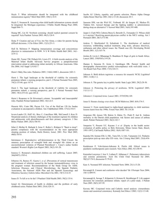 Hoyle T. What information should be integrated with the childhood                  Jacobs AJ. Liberty, equality, and genetic selection. Pharos Alpha Omega
immunization registry? Mich Med 2005; 104(1):18-9.                                 Alpha Honor Med Soc 2001; 64(1):15-20; discussion 20-3.

Hoyle T, Swanson R. Assessing what child health information systems should         Janssens HM, van der Wiel EC, Verbraak AF, de Jongste JC, Merkus PJ,
be integrated: the Michigan experience. J Public Health Manag Pract 2004;          Tiddens HA. Aerosol therapy and the fighting toddler: is administration
Suppl:S66-71.                                                                      during sleep an alternative? J Aerosol Med 2003; 16(4):395-400.

Huang MC, Lin SJ. Newborn screening: should explicit parental consent be           Jasper J, Clark WD, Cabrera-Meza G, Berseth CL, Fernandes CJ. Whose child
required? Acta Paediatr Taiwan 2003; 44(3):126-9.                                  is it anyway? Resolving parent-physician conflict in the NICU setting. Am J
                                                                                   Perinatol 2003; 20(7):373-80.
Hulac P. Creation and use of You Are Not Alone, a video for parents facing
difficult decisions. J Clin Ethics 2001; 12(3):251-3.                              Jenkins T, Moellendorf D, Schuklenk U. The distribution of medical
                                                                                   resources, withholding medical treatment, drug trials, advance directives,
Hull B, McIntyre P. Mapping immunisation coverage and conscientious                euthanasia and other ethical issues: the Thandi case (II). Developing World
objectors to immunisation in NSW. N S W Public Health Bull 2003; 14(1-             Bioeth 2001; 1(2):163-74.
2):8-12.
                                                                                   Jewkes R, Levin J, Mbananga N, Bradshaw D. Rape of girls in South Africa.
Hunte HE, Turner TM, Pollack HA, Lewis EY. A birth records analysis of the         Lancet 2002; 359(9303):319-20.
Maternal Infant Health Advocate Service program: a paraprofessional
intervention aimed at addressing infant mortality in African Americans. Ethn       Jhanjee I, Saxeena D, Arora J, Gjerdingen DK. Parents' health and
Dis 2004; 14(3 Suppl 1):S102-7.                                                    demographic characteristics predict noncompliance with well-child visits. J
                                                                                   Am Board Fam Pract 2004; 17(5):324-31.
Hurst I. Baby Doe rules. Pediatrics 2005; 116(6):1600-1; discussion 1601-3.
                                                                                   Johnson A. Birth defects registries: a resource for research. NCSL Legisbrief
Hurst I. The legal landscape at the threshold of viability for extremely           2003; 11(46):1-2.
premature infants: a nursing perspective, part I. J Perinat Neonatal Nurs 2005;
19(2):155-66; quiz 167-8.                                                          Johnson A. The genetic key to public health. State Legis 2003; 29(2):28-30.

Hurst I. The legal landscape at the threshold of viability for extremely           Johnson A. Protecting the privacy of newborns. NCSL Legisbrief 2003;
premature infants: a nursing perspective, part II. J Perinat Neonatal Nurs         11(11):1-2.
2005; 19(3):253-62; quiz 263-4.
                                                                                   Johnston I. Conjoined twins. Lancet 2001; 357(9250):149.
Hurst I. Response to Dr Silverman's column. 'Acceptable' and 'unacceptable'
risks. Paediatr Perinat Epidemiol 2002; 16(1):4-5.                                 Jones S. Human cloning--ever closer. RCM Midwives 2005; 8(9):374-5.

Hussein MA, Coats DK, Paysse EA. Use of the RetCam 120 for fundus                  Jonsson U. From needs-based to rights-based approaches to child nutrition:
evaluation in uncooperative children. Am J Ophthalmol 2004; 137(2):354-5.          lessons learnt from the 1990s. Forum Nutr 2003; 56:118-20.

Ievers-Landis CE, Hoff AL, Brez C, Cancilliere MK, McConnell J, Kerr D.            Jorgensen IM, Jensen VB, Bulow S, Dahm TL, Prahl P, Juel K. Asthma
Situational analysis of dietary challenges of the treatment regimen for children   mortality in the Danish child population: risk factors and causes of asthma
and adolescents with phenylketonuria and their primary caregivers. J Dev           death. Pediatr Pulmonol 2003; 36(2):142-7.
Behav Pediatr 2005; 26(3):186-93.
                                                                                   Junqueira V, Pessoto UC, Kayano J et al. [Equity in the health sector:
Inbar Z, Meibar R, Shehada S, Irena V, Rubin L, Rishpon S. "Back to sleep":        evaluation of public policy in Belo Horizonte, Minas Gerais State, Brazil,
parents compliance with the recommendation on the most appropriate                 1993-1997]. Cad Saude Publica 2002; 18(4):1087-101.
sleeping position of infants, Haifa District, Israel, 2001. Prev Med 2005;
40(6):765-8.
                                                                                   Kajioka EH, Itoman EM, Li ML, Taira DA, Li GG, Yamamoto LG. Pediatric
                                                                                   prescription pick-up rates after ED visits. Am J Emerg Med 2005; 23(4):454-
Intromasso C. Reproductive self-determination in the Third Circuit: the            8.
statutory proscription of wrongful birth and wrongful life claims as an
unconstitutional violation of Planned Parenthood v. Casey's undue burden
standard. Women's Rights Law Report 2003; 24(2):101-20.                            Kankkunen P, Vehvilainen-Julkunen K, Pietila AM. Ethical issues in
                                                                                   paediatric nontherapeutic pain research. Nurs Ethics 2002; 9(1):80-91.
Ionescu C. Romania's abandoned children are still suffering. Lancet 2005;
366(9497):1595-6.                                                                  Katumba-Lunyenya J, Joss V, Latham P, Abbatuan C. Pulmonary tuberculosis
                                                                                   and extreme prematurity. Arch Dis Child Fetal Neonatal Ed 2005;
                                                                                   90(2):F178-9; discussion F179-83.
Iribarren JA, Ramos JT, Guerra L et al. [Prevention of vertical transmission
and treatment of infection caused by the human immunodeficiency virus in
the pregnant woman. Recommendations of the Study Group for AIDS,                   Katz A. Neonatal HIV infection. Neonatal Netw 2004; 23(1):15-20.
Infectious Diseases, and Clinical Microbiology, the Spanish Pediatric
Association, the National AIDS Plan and the Spanish Gynecology and                 Kavanagh R. Consent and confusion--who decides? Br J Perioper Nurs 2004;
Obstetrics Society]. Enferm Infecc Microbiol Clin 2001; 19(7):314-35.              14(11):489-91.

Isaacs D. To kill or to let die? J Paediatr Child Health 2003; 39(2):135-6.        Kavanaugh K, Savage T, Kilpatrick S, Kimura R, Hershberger P. Life support
                                                                                   decisions for extremely premature infants: report of a pilot study. J Pediatr
Ismail AI. Determinants of health in children and the problem of early             Nurs 2005; 20(5):347-59.
childhood caries. Pediatr Dent 2003; 25(4):328-33.
                                                                                   Kaveny MC. Conjoined twins and Catholic moral analysis: extraordinary
                                                                                   means and casuistical consistency. Kennedy Inst Ethics J 2002; 12(2):115-40.


293
 