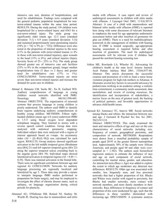intensive care unit, duration of hospitalization, and            media with effusion. A case report and review of
      need for rehabilitation. Findings were compared with             audiological assessments in children with otitis media
      the general pediatric population hospitalized for non-           with effusion. J Laryngol Otol 2003; 117(4):307-9.
      terror-related trauma within the same time period.               Abstract: A case of a child with mannosidosis and
      RESULTS: During the study period, 138 children were              bilateral otitis media with effusion (OME) is reported
      hospitalized for a terror-related injury and 8363 for a          here along with some discussion of relevant literature
      non-terror-related injury. The study group was                   to emphasize the need for age appropriate audiometric
      significantly older (mean age: 12.3 years [standard              assessment before and after insertion of grommets for
      deviation: 5.1] v 6.9 years [standard deviation: 5.3])           glue ear (OME). There is a need for multidisciplinary
      and sustained proportionately more penetrating injuries          teamwork in the management of children with hearing
      (54% [n = 74] vs 9% [n = 725]). Differences were also            loss. If OME is treated surgically, age-appropriate
      noted in the proportion of internal injuries to the torso        hearing assessment is required before and after
      (11% in the patients with terror-related trauma vs 4%            insertion of grommets. The need for audiological
      in those with non-terror-related injuries), open wounds          assessments will be relevant even if children had
      to the head (13% vs 6%), and critical injuries (Injury           passed the newborn hearing screening test.
      Severity Score of 25+; 25% vs 3%). The study group
      showed greater use of intensive care unit facilities        Aitken ME, Rowlands LA, Wheeler JG. Advocating for
      (33% vs 8% in the comparison group), longer median               children's health at the state level: lessons learned.
      hospitalization time (5 days vs 2 days), and greater             Arch Pediatr Adolesc Med 2001; 155(8):877-80.
      need for rehabilitative care (17% vs 1%).                        Abstract: This article documents the successful
      CONCLUSIONS: Terror-related injuries are more                    creation and promotion of a bill to fund a nurse home
      severe than non-terror-related injuries and increase the         visitation program for high-risk mothers in Arkansas. It
      demand for acute care in children.                               illustrates several key factors in successful advocacy by
                                                                       pediatricians working in an academic setting: a realistic
Ahmad Z, Balsamo LM, Sachs BC, Xu B, Gaillard WD.                      time commitment; a community needs assessment, data
   Auditory comprehension of language in young                         assimilation, and review of existing resources; the
   children: neural networks identified with fMRI.                     identification and incorporation of stakeholders; a
   Neurology               2003;           60(10):1598-605.            narrow focus on the area of greatest need; the backing
   Abstract: OBJECTIVE: The organization of neuronal                   of political partners; and favorable opportunities to
   systems that process language in young children is                  advance child health issues.
   poorly understood. The authors used fMRI to identify
   brain regions underlying auditory comprehension in             Ajrouch KJ, Antonucci TC, Janevic MR. Social networks
   healthy young children. METHODS: Fifteen right-                     among blacks and whites: the interaction between race
   handed children (mean age 6.8 years) underwent fMRI                 and age. J Gerontol B Psychol Sci Soc Sci 2001;
   at 1.5-T using blood oxygen level dependent                         56(2):S112-8.
   echoplanar imaging. They listened to stories with a                 Abstract: OBJECTIVES: This study examined the
   reverse speech control condition. Group data were                   main and interactive effects of age and race on the core
   analyzed with statistical parametric mapping.                       characteristics of social networks including size,
   Individual subject data were analyzed with a region of              frequency of contact, geographical proximity, and
   interest approach based on t-maps. An asymmetry                     composition of network. METHODS: Respondents
   index (AI = [(L-R)/(L+R)]) was calculated for each                  were drawn from a stratified probability sample of
   region. RESULTS: Group analysis showed significant                  people aged 20-93 in the greater Detroit metropolitan
   activation in the left middle temporal gyrus (Brodmann              area. Approximately 30% of the sample were African
   area [BA] 21) and left superior temporal gyrus (BA 22)              American, and people aged 60 and older were over-
   along the superior temporal sulcus extending back to                sampled (n = 1.382). The authors used hierarchical
   the angular gyrus (BA 39). Individual maps showed                   regression analysis to estimate the influence of race
   lateralized activation in temporal regions (AI > 0.49 +/-           and age on each component of social network,
   0.39). There was minimal activation in the frontal lobe.            controlling for marital status, gender, and education.
   There were no significant correlations between age and              An interaction term (Race x Age) was added to explore
   regional AI. CONCLUSION: Networks for auditory                      the extent to which age moderates any detected race
   language processing are regionally localized and                    differences. RESULTS: Older age was associated with
   lateralized by age 5. These data may provide a means                smaller, less frequently seen, and less proximal
   to interpret language fMRI studies performed in                     networks that had a higher proportion of kin. Blacks
   preparation for brain surgery, and may be employed to               and Whites were similar with regard to proximity, but
   investigate the effect of chronic disease states, such as           Blacks had smaller networks, more contact with
   epilepsy, on language organization during critical                  network members, and more family members in their
   periods for plasticity.                                             networks. Race differences in frequency of contact and
                                                                       proportion of kin were moderated by age, such that the
Ahmmed AU, O'Halloran SM, Roland NJ, Starkey M,                        differences in these variables diminished with
   Wraith JE. Hearing loss due to mannosidosis and otitis              increasing age. DISCUSSION: A systematic analysis
314
 
