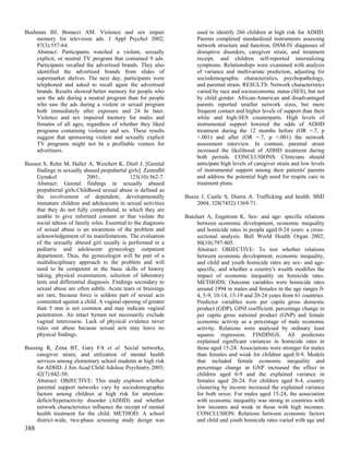 Bushman BJ, Bonacci AM. Violence and sex impair                      used to identify 266 children at high risk for ADHD.
    memory for television ads. J Appl Psychol 2002;                  Parents completed standardized instruments assessing
    87(3):557-64.                                                    network structure and function, DSM-IV diagnoses of
    Abstract: Participants watched a violent, sexually               disruptive disorders, caregiver strain, and treatment
    explicit, or neutral TV program that contained 9 ads.            receipt, and children self-reported internalizing
    Participants recalled the advertised brands. They also           symptoms. Relationships were examined with analysis
    identified the advertised brands from slides of                  of variance and multivariate prediction, adjusting for
    supermarket shelves. The next day, participants were             sociodemographic characteristics, psychopathology,
    telephoned and asked to recall again the advertised              and parental strain. RESULTS: Network characteristics
    brands. Results showed better memory for people who              varied by race and socioeconomic status (SES), but not
    saw the ads during a neutral program than for people             by child gender. African-American and disadvantaged
    who saw the ads during a violent or sexual program               parents reported smaller network sizes, but more
    both immediately after exposure and 24 hr later.                 frequent contact and higher levels of support than their
    Violence and sex impaired memory for males and                   white and high-SES counterparts. High levels of
    females of all ages, regardless of whether they liked            instrumental support lowered the odds of ADHD
    programs containing violence and sex. These results              treatment during the 12 months before (OR =.7, p
    suggest that sponsoring violent and sexually explicit            <.001) and after (OR =.7, p <.001) the network
    TV programs might not be a profitable venture for                assessment interview. In contrast, parental strain
    advertisers.                                                     increased the likelihood of ADHD treatment during
                                                                     both periods. CONCLUSIONS: Clinicians should
Bussen S, Rehn M, Haller A, Weichert K, Dietl J. [Genital            anticipate high levels of caregiver strain and low levels
    findings in sexually abused prepubertal girls]. Zentralbl        of instrumental support among their patients' parents
    Gynakol                2001;              123(10):562-7.         and address the potential high need for respite care in
    Abstract: Genital findings in sexually abused                    treatment plans.
    prepubertal girls.Childhood sexual abuse is defined as
    the involvement of dependent, developmentally               Busza J, Castle S, Diarra A. Trafficking and health. BMJ
    immature children and adolescents in sexual activities          2004; 328(7452):1369-71.
    that they do not fully comprehend, to which they are
    unable to give informed consent or that violate the         Butchart A, Engstrom K. Sex- and age- specific relations
    social taboos of family roles. Essential to the diagnosis        between economic development, economic inequality
    of sexual abuse is an awareness of the problem and               and homicide rates in people aged 0-24 years: a cross-
    acknowledgement of its manifestations. The evaluation            sectional analysis. Bull World Health Organ 2002;
    of the sexually abused girl usually is performed in a            80(10):797-805.
    pediatric and adolescent gynecology outpatient                   Abstract: OBJECTIVE: To test whether relations
    department. Thus, the gynecologist will be part of a             between economic development, economic inequality,
    multidisciplinary approach to the problem and will               and child and youth homicide rates are sex- and age-
    need to be competent in the basic skills of history              specific, and whether a country's wealth modifies the
    taking, physical examination, selection of laboratory            impact of economic inequality on homicide rates.
    tests und differential diagnosis. Findings secondary to          METHODS: Outcome variables were homicide rates
    sexual abuse are often subtle. Acute tears or bruisings          around 1994 in males and females in the age ranges 0-
    are rare, because force is seldom part of sexual acts            4, 5-9, 10-14, 15-19 and 20-24 years from 61 countries.
    committed against a child. A vaginal opening of greater          Predictor variables were per capita gross domestic
    than 5 mm is not common and may indicate vaginal                 product (GDP), GINI coefficient, percentage change in
    penetration. An intact hymen not necessarily exclude             per capita gross national product (GNP) and female
    vaginal intercourse. Lack of physical evidence never             economic activity as a percentage of male economic
    rules out abuse because sexual acts may leave no                 activity. Relations were analysed by ordinary least
    physical findings.                                               squares regression. FINDINGS: All predictors
                                                                     explained significant variances in homicide rates in
Bussing R, Zima BT, Gary FA et al. Social networks,                  those aged 15-24. Associations were stronger for males
     caregiver strain, and utilization of mental health              than females and weak for children aged 0-9. Models
     services among elementary school students at high risk          that included female economic inequality and
     for ADHD. J Am Acad Child Adolesc Psychiatry 2003;              percentage change in GNP increased the effect in
     42(7):842-50.                                                   children aged 0-9 and the explained variance in
     Abstract: OBJECTIVE: This study explores whether                females aged 20-24. For children aged 0-4, country
     parental support networks vary by sociodemographic              clustering by income increased the explained variance
     factors among children at high risk for attention-              for both sexes. For males aged 15-24, the association
     deficit/hyperactivity disorder (ADHD) and whether               with economic inequality was strong in countries with
     network characteristics influence the receipt of mental         low incomes and weak in those with high incomes.
     health treatment for the child. METHOD: A school                CONCLUSION: Relations between economic factors
     district-wide, two-phase screening study design was             and child and youth homicide rates varied with age and
388
 