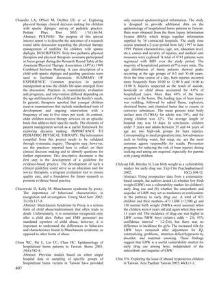 Chiarello LA, O'Neil M, Dichter CG et al. Exploring                    only minimal epidemiological information. The study
     physical therapy clinical decision making for children            is designed to provide additional data on the
     with spastic diplegia: survey of pediatric practice.              epidemiology of hospitalized burns patients in Taiwan.
     Pediatr      Phys       Ther       2005;     17(1):46-54.         Data were obtained from the Burn Injury Information
     Abstract: PURPOSE: The purpose of this special                    System (BIIS), which brings together information
     interest report is to describe the outcomes of a research         supplied by 34 contracted hospitals. The study time
     round table discussion regarding the physical therapy             course spanned a 2-year period from July 1997 to June
     management of mobility for children with spastic                  1999. Patient characteristics (age, sex, education level,
     diplegia. DESCRIPTION: Sixty-two pediatric physical               etc.), causes and severity of injuries, and medical care
     therapists and physical therapists assistants participated        measures were explored. A total of 4741 patients were
     in focus groups during the Research Round Table at the            registered with BIIS over the study period. The
     American Physical Therapy Association (APTA) 1999                 majority of hospitalized patients (67%) were male. The
     Combined Sections Meeting. A case description of a                age distribution of burns patients showed peaks
     child with spastic diplegia and guiding questions were            occurring at the age groups of 0-5 and 35-44 years.
     used to facilitate discussion. SUMMARY OF                         Over the time course of a day, burn injuries occurred
     EXPERIENCE: Common practices in patient                           more frequently from 10:00 to 12:00 h and 16:00 to
     management across the child's life-span emerged from              18:00 h. Injuries suspected as the result of suicide,
     the discussion. Practices in examination, evaluation              homicide or child abuse accounted for 4.8% of
     and prognosis, and intervention differed depending on             hospitalized cases. More than 48% of the burns
     the age and function of the child and the family's needs.         occurred in the home. The leading type of burn injury
     In general, therapists reported that younger children             was scalding, followed by naked flame, explosion,
     receive examinations that include standardized tests of           electrical burns, and chemical burns due to caustic or
     development and ongoing intervention with a                       corrosive substances. The mean percent total body
     frequency of one to five times per week. In contrast,             surface area (%TBSA) for adults was 19%, and for
     older children receive therapy services on an episodic            young children was 12%. The average length of
     basis that address their specific needs. The elements of          hospital stay was 18 days. In conclusion, children
     patient management served as a useful framework for               under 5 years and adults between 35 and 44 years of
     exploring decision making. IMPORTANCE TO                          age are two high-risk groups for burn injuries.
     PEDIATRIC PHYSICAL THERAPY: The information                       Corresponding to meal preparation time, hot substances
     compiled from this project needs to be validated                  such as boiling water, hot soup, etc. are the most
     through systematic inquiry. Therapists may, however,              common agents responsible for scalds. Prevention
     use the practices reported here to reflect on their               programs for reducing the risk of burn injuries during
     clinical decision making and to identify questions for            cooking and eating are required, especially for parents
     further exploration. This descriptive document is the             with young children.
     first step in the development of a guideline for
     evidence-based practice. The development of such a           Chilcoat HD, Breslau N. Low birth weight as a vulnerability
     clinical guideline could serve as an education tool for           marker for early drug use. Exp Clin Psychopharmacol
     novice therapists, a program evaluation tool to ensure            2002;                                      10(2):104-12.
     quality care, and a foundation for future research to             Abstract: Using prospective data from a community-
     promote evidence-based practice.                                  based sample, the authors tested (a) whether low birth
                                                                       weight (LBW) was a vulnerability marker for children's
Chiczewski D, Kelly M. Munchausen syndrome by proxy.                   early drug use and (b) whether the antecedents and
     The importance of behavioral characteristics in                   sequelae of LBW may act as mediators or confounders
     recognition and investigation. Emerg Med Serv 2002;               in the pathway to early drug use. A total of 823
     31(10):117-9.                                                     children and their mothers--473 LBW (<2,500 g) and
     Abstract: Munchausen Syndrome by Proxy is a serious               350 normal birth weight (NBW)--were assessed when
     form of child abuse/maltreatment that often leads to              the children were 6 years old and again when they were
     death. Unfortunately, it is sometimes recognized only             11 years old. The incidence of drug use was higher in
     after a child dies. Police and EMS personnel are                  LBW versus NBW boys (relative odds = 2.0, 95%
     mandated reporters of child abuse; however, it is                 confidence interval = 1.2-2.6), but there was no
     important to understand the differences in behaviors              difference in incidence for girls. The increased risk for
     and characteristics found in Munchausen syndrome, as              LBW boys remained after adjustment for IQ,
     opposed to other forms of abuse.                                  externalizing problems, attention-deficit/hyperactivity
                                                                       disorder, and maternal smoking. These findings
Chien WC, Pai L, Lin CC, Chen HC. Epidemiology of                      suggest that LBW is a useful vulnerability marker for
     hospitalized burns patients in Taiwan. Burns 2003;                early drug use among boys, independent of the
     29(6):582-8.                                                      antecedents and sequelae of LBW.
     Abstract: Previous studies based on either single
     hospital data or sampling of specific groups of              Chiu YN. Exploring the issue of abused hyperactive children
     hospitalized burns victims in Taiwan have provided                in Taiwan. Acta Paediatr Taiwan 2005; 46(1):1-2.
407
 