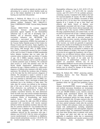 with professionals; and how parents can play a part in          Haemophilus influenzae type b, 0.81 (0.52-1.27) for
      advocating for a system in which families needs are             hepatitis B vaccine, 1.16 (0.72-1.89) for varicella
      met so that infants identified to be deaf or hard of            vaccine, and 0.92 (0.53-1.57) for acellular pertussis-
      hearing can reach their full potential.                         containing vaccines. Compared with children who had
                                                                      not received hepatitis B vaccine, the OR of diabetes
DeStefano F, Mullooly JP, Okoro CA et al. Childhood                   was 0.51 (0.23-1.15) for children vaccinated at birth
    vaccinations, vaccination timing, and risk of type 1              and 0.86 (0.54-1.35) for those first vaccinated against
    diabetes mellitus. Pediatrics 2001; 108(6):E112.                  hepatitis B at 2 months of age or later. Race and
    Notes: CORPORATE NAME: Vaccine Safety Datalink                    ethnicity and family history of diabetes were
    Team                                                              independently associated with risk of type 1 diabetes,
    Abstract: OBJECTIVES: To evaluate suggested                       but adjustment for these factors did not materially alter
    associations      between     childhood      vaccinations,        the ORs for any of the vaccines. CONCLUSIONS: In
    particularly against hepatitis B and Haemophilus                  this large, population-based, case-control study, we did
    influenzae type b, and risk of developing type 1                  not find an increased risk of type 1 diabetes associated
    diabetes; and to determine whether timing of                      with any of the routinely recommended childhood
    vaccination influences risk. METHODS: We                          vaccines. Our study adds to previous research by
    conducted a case-control study within 4 health                    providing data on newer vaccines, including hepatitis
    maintenance organizations (HMOs) that participate in              B, acellular pertussis, and varicella vaccines. For the
    the Vaccine Safety Datalink project of the Centers for            older vaccines, our results are generally in agreement
    Disease Control and Prevention. Study eligibility was             with previous studies in not finding any increased risks.
    restricted to children who met the following criteria: 1)         Ours is the first epidemiologic study to evaluate the
    born during 1988 through 1997; 2) HMO member                      possibility that timing of vaccination is related to risk
    since birth; 3) continuously enrolled for first 6 months          of clinical diabetes in children. Our results on hepatitis
    of life; and 4) at least 12 months of HMO membership              B vaccine do not support the hypothesis; risk of type 1
    before diabetes incidence date (or index date for                 diabetes was not different between infants vaccinated
    controls) unless incidence date was before 12 months              at birth and those who received their first vaccination
    of age. All 4 HMOs maintain registries of their                   later in life. The results of our study and the
    members who have diabetes, and we used the registries             preponderance of epidemiologic evidence do not
    to identify potential cases of diabetes. We conducted             support an association between any of the
    chart reviews to verify that potential cases met the              recommended childhood vaccines and an increased risk
    World Health Organization epidemiologic case                      of type 1 diabetes. Suggestions that diabetes risk in
    definition for type 1 diabetes mellitus (ie, a physician's        humans may be altered by changes in the timing of
    diagnosis of diabetes plus treatment with daily insulin           vaccinations also are unfounded.
    injections). We defined the incidence date of diabetes
    as the first date that the child received a diagnosis of     Deutchman M, Roberts RG. VBAC: protecting patients,
    diabetes. We attempted to match 3 controls to each               defending doctors. Am Fam Physician 2003;
    case. Controls had the same eligibility criteria as cases        67(5):931-2, 935-6.
    and were matched to individual cases on HMO, sex,
    date of birth (within 7 days), and length of health plan     DeVeber G. In pursuit of evidence-based treatments for
    enrollment (up to the incidence or index date). The              paediatric stroke: the UK and Chest guidelines. Lancet
    index date for controls was defined as the incidence             Neurol                   2005;                4(7):432-6.
    date of the case to which the control was matched.               Abstract: BACKGROUND: Arterial ischaemic stroke
    Chart abstraction was performed by trained chart                 and cerebral sinovenous thrombosis are increasingly
    abstractors using standardized forms. In addition to             seen in infants and children. Incidence ranges from two
    complete vaccination histories, the chart abstraction            to six per 100,000 children a year. Adverse outcome
    forms for both cases and controls included information           including death, neurological deficits, and reduced
    on sociodemographic characteristics, selected medical            quality of life affect most children with stroke.
    conditions, history of breastfeeding, and family                 Residual neurological deficits last many decades, for
    medical history. We used conditional logistic                    the rest of a patient's life. Of major concern is the risk
    regression to estimate the odds ratio (OR) of diabetes           of recurrent stroke, which affects up to 25% of children
    associated with vaccination, with vaccine exposure               who have arterial ischaemic stroke after the newborn
    defined as before the diabetes incidence date (or index          period. Children with ischaemic stroke are empirically
    date for controls). RESULTS: Two hundred fifty-two               treated with antithrombotics including antiplatelet
    confirmed cases of diabetes and 768 matched controls             (aspirin and clopidogrel) and anticoagulant (heparins
    met the study eligibility criteria. The OR (95%                  and warfarin) drugs. No randomised controlled trials
    confidence interval) for the association with type 1             have been done besides those in patients with sickle-
    diabetes was 0.28 (0.07-1.06) for whole cell pertussis           cell disease and adult trial data are not directly
    vaccine (predominantly in combination as diphtheria,             applicable to paediatric stroke due to maturational
    tetanus toxoids and pertussis vaccine), 1.36 (0.70-2.63)         differences in coagulation and vascular systems as well
    for measles-mumps-rubella, 1.14 (0.51-2.57) for                  as     different    stroke     mechanisms.      RECENT
449
 
