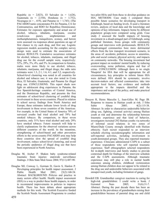 Republic (n = 2,023), El Salvador (n = 1,628),                   two pilot HIAs and from these to develop guidance on
      Guatemala (n = 2,530), Honduras (n = 1,752),                     HIA. METHODS: Case study 1 compared three
      Nicaragua (n = , 419), and Panama (n = 1,743). (The              possible future scenarios for developing transport in
      PACARDO name concatenates PA for Panama, CA for                  Edinburgh, based on funding levels. It used a literature
      Centroamerica, and RDO for Republica Dominicana).                review, analysis of local data and the knowledge and
      Estimates for exposure opportunity and actual use of             opinions of key informants. Impacts borne by different
      alcohol, tobacco, inhalants, marijuana, cocaine                  population groups.were compared using grids. Case
      (crack/coca        paste),      amphetamines         and         study 2 assessed the health impacts of housing
      methamphetamines, tranquilizers, ecstasy, and heroin             investment in a disadvantaged part of Edinburgh, using
      were assessed via responses about questions on age of            published literature, focus groups with community
      first chance to try each drug, and first use. Logistic           groups and interviews with professionals. RESULTS:
      regression models accounting for the complex survey              Disadvantaged communities bore more detrimental
      design were used to estimate the associations of                 effects from the low transport investment scenario, in
      interest. RESULTS: Cumulative occurrence estimates               the areas of: accidents; pollution; access to amenities,
      for alcohol, tobacco, inhalants, marijuana, and illegal          jobs and social contacts; physical activity; and impacts
      drug use for the overall sample were, respectively:              on community networks. The housing investment had
      52%, 29%, 5%, 4%, and 5%. In comparison to females,              greatest impact on residents' mental health, by reducing
      males were more likely to use alcohol, tobacco,                  overcrowding, noise pollution, stigma and fear of
      inhalants, marijuana, and illegal drugs; the odds ratio          crime. CONCLUSION: Although there is no single
      estimates were 1.3, 2.1, 1.6, 4.1, and 3.2, respectively.        'blueprint' for HIA that will be appropriate for all
      School-level clustering was noted in all countries for           circumstances, key principles to inform future HIA
      alcohol and tobacco use; it was also noted in Costa              were defined. HIA should be systematic; involve
      Rica, El Salvador, Guatemala, and Panama for illegal             decision-makers and affected communities; take into
      drug use. CONCLUSIONS: This report sheds new                     account local factors; use evidence and methods
      light on adolescent drug experiences in Panama, the              appropriate to the impacts identified and the
      five Spanish-heritage countries of Central America,              importance and scope of the policy; and make practical
      and the Dominican Republic, and presents the first               recommendations.
      estimates of school-level clustering of youthful drug
      involvement in these seven countries. Placed in relation    Douyon R, Herns Marcelin L, Jean-Gilles M, Page JB.
      to school survey findings from North America and                Response to trauma in Haitian youth at risk. J Ethn
      Europe, these estimates indicate lower levels of drug           Subst          Abuse         2005;          4(2):115-38.
      involvement in these seven countries of the Americas.           Abstract: In order to characterize undesirable behavior
      For example, in the United States of America 70% of             (drug use, fighting, criminal activity) among Haitian
      surveyed youths had tried alcohol and 59% had                   youth at risk and determine the relationship between
      smoked tobacco. By comparison, in these seven                   traumatic experience and that kind of behavior,
      countries, only 51% have tried alcohol and only 29%             investigators recruited 292 Haitian youths via networks
      have smoked tobacco. Future research will help to               of informal social relations in two zones of
      clarify explanations for the observed variations across         Miami/Dade County strongly identified with Haitian
      different countries of the world. In the meantime,              ethnicity. Each recruit responded to an interview
      strengthening of school-based and other prevention              schedule eliciting sociodemographic information and
      efforts in the seven-country PACARDO area may help              self-reported activities, including involvement in
      these countries slow the spread of youthful drug                youth-dominated groups. They also reported traumatic
      involvement, reduce school-level clustering, and avoid          experience. Clinicians administered CAPS to a subset
      the periodic epidemics of illegal drug use that have            of those respondents who self reported traumatic
      been experienced in North America.                              experience. Staff ethnographers selected respondents
                                                                      for in-depth interviews and family studies to provide
Douglas M, Archer P. Shaken baby syndrome-related                     contextual depth for findings of the interview schedule
    traumatic brain injuries: statewide surveillance                  and the CAPS assessments. Although traumatic
    findings. J Okla State Med Assoc 2004; 97(11):487-90.             experience may still play a role in mental health
                                                                      outcomes among children, childhood victimization
Douglas MJ, Conway L, Gorman D, Gavin S, Hanlon P.                    among Haitian children does not appear to be related to
    Developing principles for health impact assessment. J             the drug use and undesirable behaviors associated with
    Public     Health     Med      2001;     23(2):148-54.            unsupervised youth, including formation of gangs.
    Abstract: BACKGROUND: Policies and practice in
    many sectors affect health. Health impact assessment          Dowdell EB. Grandmother caregiver reactions to caring for
    (HIA) is a way to predict these health impacts, in order         high-risk grandchildren: I could write a book. J
    to recommend improvements in policies to improve                 Gerontol          Nurs         2005;        31(6):31-7.
    health. There has been debate about appropriate                  Abstract: During the past decade there has been an
    methods for this work. The Scottish Executive funded             increase in the prevalence of grandmothers raising their
    the Scottish Needs Assessment Programme to conduct               grandchildren because of parental drug use and child
459
 