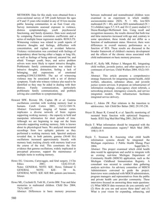 METHODS: Data for this study were obtained from a                between maltreated and nonmaltreated children were
      cross-sectional survey of 349 youth between the ages             examined in an experiment in which middle-
      of 9 and 15 years who resided in any of 10 low-income            socioeconomic-status (SES; N = 60), low-SES
      public housing communities in an East Coast city.                maltreated (N = 48), and low-SES nonmaltreated (N =
      Survey instruments assessed exposure to violence,                51) children (ages 5-7, 8-9, and 10-12 years) studied 12
      distress    symptomatology,        youth    psychosocial         Deese-Roediger-McDermott lists. Using recall and
      functioning, and family dynamics. Data were analyzed             recognition measures, the results showed that both true
      by computing Pearson correlation coefficients and a              and false memories increased with age and, contrary to
      series of multiple linear regression models. RESULTS:            some speculation, these trends did not differ as a
      Witnessing violence was related to youth reports of              function of maltreatment status. However, there were
      intrusive thoughts and feelings, difficulties with               differences in overall memory performance as a
      concentration, and vigilant or avoidant behavior.                function of SES. These results are discussed in the
      Violence victimization was correlated with feelings of           broader framework of children's memory development
      despondency about having either a happy or long life,            and the effects of the chronic stress associated with
      as well as feelings of being unloved, uncared for, and           child maltreatment on basic memory processes.
      afraid. Younger youth, boys, and active problem
      solvers were more likely to report intrusive thoughts.      Howell JC, Kelly MR, Palmer J, Mangum RL. Integrating
      Problematic family communication was related to                child welfare, juvenile justice, and other agencies in a
      intrusive thoughts, distraction, feeling a lack of             continuum of services. Child Welfare 2004; 83(2):143-
      belonging,     and      expressions      of    emotional       56.
      numbing.CONCLUSIONS: The act of witnessing                     Abstract: This article presents a comprehensive
      violence may be associated with a set of distinct              strategy framework for integrating mental health, child
      symptoms. Youth who witness violence also need to be           welfare, education, substance abuse, and juvenile
      identified so they may be aided in dealing with their          justice system services. It proposes an infrastructure of
      distress.    Family      communication,      particularly      information exchange, cross-agency client referrals, a
      problematic family communication, and problem                  networking protocol, interagency councils, and service
      solving also contribute to symptomatology.                     integration models. This infrastructure facilitates
                                                                     integrated service delivery.
Howard MW, Rizzuto DS, Caplan JB et al. Gamma
   oscillations correlate with working memory load in             Howes C, Aikins JW. Peer relations in the transition to
   humans. Cereb Cortex 2003; 13(12):1369-74.                        adolescence. Adv Child Dev Behav 2002; 29:195-230.
   Abstract: Functional imaging of human cortex
   implicates a diverse network of brain regions                  Hoyer D, Bauer R, Conrad K et al. Specific monitoring of
   supporting working memory - the capacity to hold and               neonatal brain function with optimized frequency
   manipulate information for short periods of time.                  bands. IEEE Eng Med Biol Mag 2001; 20(5):40-6.
   Although we are beginning to map out the brain
   networks supporting working memory, little is known            Hoyle T. What information should be integrated with the
   about its physiological basis. We analyzed intracranial            childhood immunization registry? Mich Med 2005;
   recordings from two epileptic patients as they                     104(1):18-9.
   performed a working memory task. Spectral analyses
   revealed that, in both patients, gamma (30-60 Hz)              Hoyle T, Swanson R. Assessing what child health
   oscillations increased approximately linearly with                 information systems should be integrated: the
   memory load, tracking closely with memory load over                Michigan experience. J Public Health Manag Pract
   the course of the trial. This constitutes the first                2004;                                   Suppl:S66-71.
   evidence that gamma oscillations, widely implicated in             Abstract: This project examined which child health
   perceptual processes, support the maintenance of                   data would be appropriate and useful to integrate with
   multiple items in working memory.                                  an existing real-time Michigan Department of
                                                                      Community Health (MDCH) application, such as the
Howe EG. Unicorns, Carravaggio, and fetal surgery. J Clin             Michigan Childhood Immunization Registry. A
   Ethics              2001;               12(4):333-45.              consultant was secured to conduct data gathering
   Notes: GENERAL NOTE: KIE: Howe, Edmund G                           analysis activities. An advisory committee of MDCH
   GENERAL          NOTE:        KIE:        50       fn.             Administrators convened to guide the project.
   GENERAL NOTE: KIE: KIE Bib: patient care/minors;                   Interviews were conducted with MDCH administrators,
   fetuses                                                            program managers and representatives from the public
                                                                      and private health care provider community. These
Howe ML, Cicchetti D, Toth SL, Cerrito BM. True and false             interviews focused on answering three main questions:
   memories in maltreated children. Child Dev 2004;                   (1) What MDCH data resources do you currently use?
   75(5):1402-17.                                                     (2) How do you use and access these data? and (3)
   Abstract: Differences in basic memory processes                    What is your vision for expanding, enhancing, and

580
 