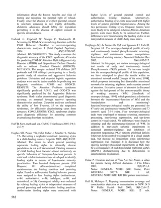 information about the known benefits and risks of              higher levels of general parental control and
      testing and recognize the parental right of refusal.           authoritarian    feeding     practices.    Alternatively,
      Finally, since the absence of explicit parental consent        authoritative feeding styles were associated with higher
      to newborn screening is not legally defensible,                levels of general parental responsiveness. Among the
      children's advocates should lobby for legislation              two permissive feeding styles, Hispanic parents were
      permitting it in the absence of explicit consent in            more likely to be indulgent, whereas African-American
      specific circumstances.                                        parents were more likely to be uninvolved. Further,
                                                                     differences were found among the feeding styles on an
Hudziak JJ, Copeland W, Stanger C, Wadsworth M.                      independent measure of child's body mass index.
    Screening for DSM-IV externalizing disorders with the
    Child Behavior Checklist: a receiver-operating              Huijbregts SC, de Sonneville LM, van Spronsen FJ, Licht R,
    characteristic analysis. J Child Psychol Psychiatry              Sergeant JA. The neuropsychological profile of early
    2004;                                  45(7):1299-307.           and continuously treated phenylketonuria: orienting,
    Abstract: BACKGROUND: This study examines the                    vigilance, and maintenance versus manipulation-
    diagnostic accuracy of the CBCL syndrome AS scales               functions of working memory. Neurosci Biobehav Rev
    for predicting DSM-IV Attention Deficit-Hyperactivity            2002;                                     26(6):697-712.
    Disorder (ADHD) and Oppositional Defiant Disorder                Abstract: In this paper, we review neuropsychological
    with or without Conduct Disorder (ODD/CD).                       test results of early and continuously treated
    METHODS: The sample included 370 children (187                   Phenylketonuria (PKU) patients. To increase insight
    probands and 183 siblings) participating in a family             into the neuropsychological profile of this population,
    genetic study of attention and aggressive behavior               we have attempted to place the results within an
    problems. Univariate and stepwise logistic regression            attentional network model [Images of the mind, 1994],
    analyses were used to derive models for predicting two           which proposes interacting but dissociable attentional
    diagnostic conditions: ADHD and ODD/CD.                          networks for orienting, vigilance, and executive control
    RESULTS: The Attention Problems syndrome                         of attention. Executive control of attention is discussed
    significantly predicted ADHD, and ODD/CD was                     against the background of the process-specific theory
    significantly predicted by the Aggressive Behavior               of working memory (WM) [Handbook of
    syndrome. Both scales demonstrated good diagnostic               neuropsychology, 1994], which postulates a distinction
    accuracy, as assessed through receiver operating                 between the 'maintenance'-function of WM and the
    characteristics analyses. Cut-point analyses confirmed           'manipulation              and              monitoring'-
    the utility of low T-scores, 55 on the respective                function.Neuropsychological results are presented for
    syndromes, for efficiently discriminating cases from             67 early and continuously treated PKU patients and 73
    noncases. CONCLUSIONS: CBCL syndromes display                    controls aged 7-14 years. Four neuropsychological
    good diagnostic efficiency for assessing common                  tasks were employed to measure orienting, mnemonic
    externalizing disorders in children.                             processing, interference suppression, and top-down
                                                                     control in visual search. No differences were found in
Huff B. Men, meth and sex. GMHC Treat Issues 2005; 19(1-             orienting and the maintenance-function of WM. In
     2):7-9.                                                         addition to previously reported impairments in
                                                                     sustained attention/vigilance and inhibition of
Hughes SO, Power TG, Orlet Fisher J, Mueller S, Nicklas              prepotent responding, PKU patients exhibited deficits
    TA. Revisiting a neglected construct: parenting styles           when top-down control was required in a visual search
    in a child-feeding context. Appetite 2005; 44(1):83-92.          task, but showed no impairment when interference
    Abstract: The extent to which general parenting                  suppression was required. It is discussed how the
    represents feeding styles in ethnically diverse                  specific neuropsychological impairments in PKU may
    populations is not well documented. Existing measures            be a consequence of mid-dorsolateral prefrontal cortex
    of child feeding have focused almost exclusively on              (DLPFC) dysfunctioning due to deficiencies in
    specific behaviors of European-American parents. A               catecholamine modulation.
    valid and reliable instrument was developed to identify
    feeding styles in parents of low-income minority            Hulac P. Creation and use of You Are Not Alone, a video
    preschoolers. Two hundred thirty-one parents (130               for parents facing difficult decisions. J Clin Ethics
    Hispanic;     101      African-American)     completed          2001;                                     12(3):251-3.
    questionnaires on feeding practices and parenting               Notes: GENERAL NOTE: KIE: Hulac, Peter
    styles. Based on self-reported feeding behavior, parents        GENERAL           NOTE:        KIE:        1      ref.
    were assigned to four feeding styles (authoritarian,            GENERAL NOTE: KIE: KIE Bib: patient care/minors
    n=84; authoritative, n=34; indulgent, n=80; and
    uninvolved, n=33). Convergent validity was evaluated        Hull B, McIntyre P. Mapping immunisation coverage and
    by relating feeding styles to independent measures of            conscientious objectors to immunisation in NSW. N S
    general parenting and authoritarian feeding practices.           W Public Health Bull 2003; 14(1-2):8-12.
    Authoritarian feeding styles were associated with                Notes: GENERAL NOTE: KIE: 12 refs.

582
 