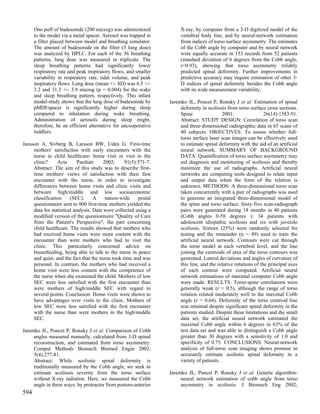One puff of budesonide (200 microg) was administered             X-ray, by computer from a 3-D digitized model of the
      to the model via a metal spacer. Aerosol was trapped in          vertebral body line, and by neural-network estimation
      a filter placed between model and breathing simulator.           from indices of torso surface asymmetry. The estimates
      The amount of budesonide on the filter (5 lung dose)             of the Cobb angle by computer and by neural network
      was analyzed by HPLC. For each of the 36 breathing               were equally accurate in 153 records from 52 patients
      patterns, lung dose was measured in triplicate. The              (standard deviation of 6 degrees from the Cobb angle,
      sleep breathing patterns had significantly lower                 r=0.93), showing that torso asymmetry reliably
      respiratory rate and peak inspiratory flows, and smaller         predicted spinal deformity. Further improvements in
      variability in respiratory rate, tidal volume, and peak          predictive accuracy may require estimation of other 3-
      inspiratory flows. Lung dose (mean +/- SD) was 6.5 +/-           D indices of spinal deformity besides the Cobb angle
      3.2 and 11.3 +/- 3.9 microg (p = 0.004) for the wake             with its wide measurement variability.
      and sleep breathing pattern, respectively. This infant
      model-study shows that the lung dose of budesonide by       Jaremko JL, Poncet P, Ronsky J et al. Estimation of spinal
      pMDI/spacer is significantly higher during sleep                 deformity in scoliosis from torso surface cross sections.
      compared to inhalation during wake breathing.                    Spine                2001;                 26(14):1583-91.
      Administration of aerosols during sleep might,                   Abstract: STUDY DESIGN: Correlation of torso scan
      therefore, be an efficient alternative for uncooperative         and three-dimensional radiographic data in 65 scans of
      toddlers.                                                        40 subjects. OBJECTIVES: To assess whether full-
                                                                       torso surface laser scan images can be effectively used
Jansson A, Sivberg B, Larsson BW, Uden G. First-time                   to estimate spinal deformity with the aid of an artificial
     mothers' satisfaction with early encounters with the              neural network. SUMMARY OF BACKGROUND
     nurse in child healthcare: home visit or visit to the             DATA: Quantification of torso surface asymmetry may
     clinic?     Acta       Paediatr     2002;     91(5):571-7.        aid diagnosis and monitoring of scoliosis and thereby
     Abstract: The aim of this study was to describe first-            minimize the use of radiographs. Artificial neural
     time mothers' views of satisfaction with their first              networks are computing tools designed to relate input
     encounter with the nurse, in order to investigate                 and output data when the form of the relation is
     differences between home visits and clinic visits and             unknown. METHODS: A three-dimensional torso scan
     between high/middle and low socioeconomic                         taken concurrently with a pair of radiographs was used
     classification     (SEC).      A     nation-wide    postal        to generate an integrated three-dimensional model of
     questionnaire sent to 800 first-time mothers yielded the          the spine and torso surface. Sixty-five scan-radiograph
     data for statistical analysis. Data were collected using a        pairs were generated during 18 months in 40 patients
     modified version of the questionnaire "Quality of Care            (Cobb angles 0-58 degrees ): 34 patients with
     from the Patient's Perspective", the part concerning              adolescent idiopathic scoliosis and six with juvenile
     child healthcare. The results showed that mothers who             scoliosis. Sixteen (25%) were randomly selected for
     had received home visits were more content with the               testing and the remainder (n = 49) used to train the
     encounter than were mothers who had to visit the                  artificial neural network. Contours were cut through
     clinic. This particularly concerned advice on                     the torso model at each vertebral level, and the line
     breastfeeding, being able to talk to the nurse in peace           joining the centroids of area of the torso contours was
     and quiet, and the fact that the nurse took time and was          generated. Lateral deviations and angles of curvature of
     personal. In contrast, the mothers who had received a             this line, and the relative rotations of the principal axes
     home visit were less content with the competence of               of each contour were computed. Artificial neural
     the nurse when she examined the child. Mothers of low             network estimations of maximal computer Cobb angle
     SEC were less satisfied with the first encounter than             were made. RESULTS: Torso-spine correlations were
     were mothers of high/middle SEC with regard to                    generally weak (r < 0.5), although the range of torso
     several points. Conclusion: Home visits were shown to             rotation related moderately well to the maximal Cobb
     have advantages over visits to the clinic. Mothers of             angle (r = 0.64). Deformity of the torso centroid line
     low SEC were less satisfied with the first encounter              was minimal despite significant spinal deformity in the
     with the nurse than were mothers in the high/middle               patients studied. Despite these limitations and the small
     SEC.                                                              data set, the artificial neural network estimated the
                                                                       maximal Cobb angle within 6 degrees in 63% of the
Jaremko JL, Poncet P, Ronsky J et al. Comparison of Cobb               test data set and was able to distinguish a Cobb angle
     angles measured manually, calculated from 3-D spinal              greater than 30 degrees with a sensitivity of 1.0 and
     reconstruction, and estimated from torso asymmetry.               specificity of 0.75. CONCLUSIONS: Neural-network
     Comput Methods Biomech Biomed Engin 2002;                         analysis of full-torso scan imaging shows promise to
     5(4):277-81.                                                      accurately estimate scoliotic spinal deformity in a
     Abstract: While scoliotic spinal deformity is                     variety of patients.
     traditionally measured by the Cobb angle, we seek to
     estimate scoliosis severity from the torso surface           Jaremko JL, Poncet P, Ronsky J et al. Genetic algorithm-
     without X-ray radiation. Here, we measured the Cobb               neural network estimation of cobb angle from torso
     angle in three ways: by protractor from postero-anterior          asymmetry in scoliosis. J Biomech Eng 2002;
594
 