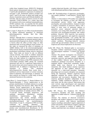 within these lymphoid tissues. RESULTS: Peripheral               complex behavioral disorder, with features compatible
      blood analysis demonstrated reduced numbers of both              with orbitofrontal and Kluver-Bucy syndromes.
      T and B cells and defective expression of cytokines by
      activated T cells. Postmortem analysis revealed very        Lorber MF. Psychophysiology of aggression, psychopathy,
      small T and B cell zones in spleen and lymph nodes,             and conduct problems: a meta-analysis. Psychol Bull
      absence of germinal centers and follicular dendritic cell       2004;                                    130(4):531-52.
      networks, and two zones of stenosis at level of colon           Abstract: A meta-analysis of 95 studies was conducted
      sigmoides. CONCLUSIONS: As a whole, these data                  to investigate the relations of heart rate (HR) and
      are consistent with severe combined immunodeficiency            electrodermal activity (EDA) with aggression,
      (SCID) syndrome; thus, we conclude that this patient            psychopathy, and conduct problems. Analyses revealed
      may have had a variant of SCID syndrome associated              a complex constellation of interactive effects, with a
      with intestinal stenosis.                                       failure in some cases of autonomic patterns to
                                                                      generalize across antisocial spectrum behavior
Lopez J, Lopez V, Rojas D et al. Effect of psychostimulants           constructs. Low resting EDA and low task EDA were
    on distinct attentional parameters in attentional                 associated with psychopathy/sociopathy and conduct
    deficit/hyperactivity disorder. Biol Res 2004;                    problems. However, EDA reactivity was positively
    37(3):461-8.                                                      associated with aggression and negatively associated
    Abstract: Although there is extensive literature about            with psychopathy/sociopathy. Low resting HR and
    the effects of stimulants on sustained attention tasks in         high HR reactivity were associated with aggression and
    attentional deficit/hyperactivity disorder (ADHD), little         conduct problems. Physiology--behavior relations
    is known about the effect of these drugs on other                 varied with age and stimulus valence in several cases.
    attentional tasks involving different neural systems. In          Empirical and clinical implications are discussed.
    this study we measured the effect of stimulants on
    ADHD children, both in the electroencephalographic            Lorber MF, O'leary SG. Mediated paths to over-reactive
    (EEG) activity during sustained attentional tasks and in          discipline: mothers' experienced emotion, appraisals,
    psychometric performance during selective attentional             and physiological responses. J Consult Clin Psychol
    tasks. These tasks are known to rely on different                 2005;                                    73(5):972-81.
    cortical networks. Our results in children medicated              Abstract: The present investigation was designed to
    with 10 mg of d-amphetamine administered 60 min                   evaluate whether mothers' emotion experience,
    before the study indicate (i) a significant increase in           autonomic reactivity, and negatively biased appraisals
    amplitude but not latency of the P300 component of the            of their toddlers' behavior and toddlers' rates of
    event-related potential (ERP) during the sustained                misbehavior predicted over-reactive discipline in a
    attentional task and (ii) a significant improvement in            mediated fashion. Ninety-three community mother-
    the reaction times and correct responses in the selective         toddler dyads were observed in a laboratory
    attentional task. In addition to supporting the use of            interaction, after which mothers' emotion experience
    stimulants      in     children      with     attentional         and appraisals of their toddler's behavior were
    deficit/hyperactivity disorder, these results show a              measured via a video-recall procedure. Autonomic
    multifocal activity improvement of cortical structures            physiology and over-reactive discipline were measured
    linked to dopamine, and interestingly, to attention. All          during the interactions. Mothers' negatively biased
    these analyses are framed in a wider study of diverse             appraisals mediated the relation between emotion
    attentional functions in this syndrome.                           experience and over-reactive discipline. Heart rate
                                                                      reactivity predicted discipline independent of this
Lopez-Meza E, Corona-Vazquez T, Ruano-Calderon LA,                    mediation. Toddler misbehavior appeared to be an
    Ramirez-Bermudez J. Severe impulsiveness as the                   entry point into the above process. Interventions that
    primary manifestation of multiple sclerosis in a young            more actively target physiological and experiential
    female. Psychiatry Clin Neurosci 2005; 59(6):739-42.              components of mothers' emotion may further reduce
    Abstract: Severe impulsiveness in the absence of                  their over-reactive discipline.
    apparent neurological signs has rarely been reported as
    a clinical presentation of multiple sclerosis (MS). An        Lorber MF, O'Leary SG, Kendziora KT. Mothers'
    11-year-old female developed progressive and                      overreactive discipline and their encoding and
    sustained      personality    disturbances     including          appraisals of toddler behavior. J Abnorm Child Psychol
    disinhibition,      hypersexuality,     drug      abuse,          2003;                                    31(5):485-94.
    aggressiveness and suicide attempts, without                      Abstract: The relations of observed overreactive
    neurological signs. She was given several unsuccessful            discipline with mothers' tendencies to notice negative,
    psychopharmacological        and      psychotherapeutic           relative to positive, child behavior (preferential
    interventions. At age 21, a diagnosis of MS was made,             negative encoding), and mothers' negative appraisals of
    confirmed       by      imaging,     laboratory      and          neutral and positive child behavior (negative appraisal
    neurophysiological studies. Although unusual, MS may              bias), were examined in mothers of toddlers. The
    produce pure neurobehavioral disturbances. In the                 mothers rated both their own children's and unfamiliar
    present case, widespread demyelinization produced a
667
 