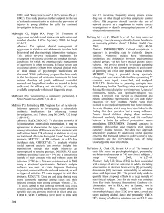 0.001) and "know how to use" it (24% versus 4%, p <              low TB incidence, frequently among groups whose
      0.002). This study provides further support for the use          drug use or other illegal activities complicate control
      of tailored communication to address the prevention of           efforts. TB programs should consider the use of
      injuries to young children but calls for continued               network analysis as a supplement to routine contact
      investigation in the area.                                       investigations to identify unrecognized patterns of M.
                                                                       tuberculosis transmission.
McDougle CJ, Stigler KA, Posey DJ. Treatment of
   aggression in children and adolescents with autism and         McEvoy M, Lee C, O'Neill A et al. Are there universal
   conduct disorder. J Clin Psychiatry 2003; 64 Suppl                parenting concepts among culturally diverse families in
   4:16-25.                                                          an inner-city pediatric clinic? J Pediatr Health Care
   Abstract: The optimal clinical management of                      2005;                                      19(3):142-50.
   aggression in children and adolescents involves both              Abstract: INTRODUCTION: Cultural competence is
   behavioral and pharmacologic intervention strategies.             necessary in providing care to culturally diverse
   This article reviews medication treatments for                    families. Numerous studies have emphasized
   youngsters with autistic disorder and conduct disorder,           similarities and differences between predetermined
   conditions for which the pharmacologic management                 cultural groups, yet few have studied groups across
   of aggression is often necessary. Efficacy results and            cultures. This project aimed to investigate parenting
   associated adverse effects from selected clinical trials          concepts, which in this context pertains to philosophy
   of most classes of psychotropic medications are                   of parenting and child care practices across cultures.
   discussed. While preliminary progress has been made               METHOD: Using a grounded theory approach,
   in the development of medication treatments for these             ethnographic interviews of 46 families representing 27
   serious disorders of youth, additional controlled                 countries were taped, transcribed, and analyzed.
   research and longitudinal studies are needed to better            RESULTS: Similarities in parenting concepts were
   understand the efficacy and tolerability of currently             found among families. Teaching values and respect and
   available compounds within each diagnostic group.                 the need for strict discipline were important. A sense of
                                                                     community, family, and spirituality/religion was
McDowell BM. Volunteering--a community partnership. J                strong. Television was viewed as educational and
   Spec Pediatr Nurs 2002; 7(3):121-2.                               parents anticipated opportunities for jobs and higher
                                                                     education for their children. Parents were more
McElroy PD, Rothenberg RB, Varghese R et al. A network-              inclined to use medical treatments than home remedies
    informed approach to investigating a tuberculosis                for acute illnesses, which may have been linked to the
    outbreak: implications for enhancing contact                     finding that their providers had a strong influence.
    investigations. Int J Tuberc Lung Dis 2003; 7(12 Suppl           Parents feared children playing alone outdoors;
    3):S486-93.                                                      distrusted nonfamily babysitters; and felt conflicted
    Abstract: BACKGROUND: To elucidate networks of                   between a desire for cultural preservation versus
    Mycobacterium tuberculosis transmission, it may be               assimilation. DISCUSSION: Universal concepts in
    appropriate to characterize the types of relationships           parenting philosophies and practices exist among
    among tuberculosis (TB) cases and their contacts (with           culturally diverse families. Providers may approach
    and without latent TB infection) in addition to relying          anticipatory guidance by addressing global parental
    on traditional efforts to distinguish 'close' from 'casual'      concerns that transcend culture in order to relieve time
    contacts. SETTING: A TB outbreak in a US low                     constraints and the overwhelming task of being
    incidence state. OBJECTIVE: To evaluate whether                  knowledgeable about all cultures.
    social network analysis can provide insights into
    transmission settings that might otherwise go                 McFarlane A, Clark CR, Bryant RA et al. The impact of
    unrecognized by routine practices. DESIGN: All adult              early life stress on psychophysiological, personality
    outbreak-associated cases (n = 19) and a convenience              and behavioral measures in 740 non-clinical subjects. J
    sample of their contacts with and without latent TB               Integr        Neurosci          2005;           4(1):27-40.
    infection (LTBI) (n = 26) were re-interviewed in 2001             Abstract: Early Life Stress (ELS) has been associated
    using a structured questionnaire. Network analysis                with a range of adverse outcomes in adults, including
    software was used to create diagrams illustrating                 abnormalities in electrical brain activity [1], personality
    important persons within the outbreak network, as well            dimensions [40], increased vulnerability to substance
    as types of activities TB cases engaged in with their             abuse and depression [14]. The present study seeks to
    contacts. RESULTS: Drug use and drug sharing were                 quantify these proposed effects in a large sample of
    more commonly reported among cases and their                      non-clinical subjects. Data for the study was obtained
    infected contacts than among contacts without LTBI.               from The Brain Resource International Database (six
    TB cases central to the outbreak network used crack               laboratories: two in USA, two in Europe, two in
    cocaine, uncovering the need to focus control efforts on          Australia).     This       study      analyzed        scalp
    specific sites and persons involved in illicit drug use.          electrophysiological data (EEG eyes open, closed and
    CONCLUSION: Outbreaks occur even in areas with                    target auditory oddball data) and personality (NEO-
                                                                      FFI), history of addictive substance use and ELS) data
701
 