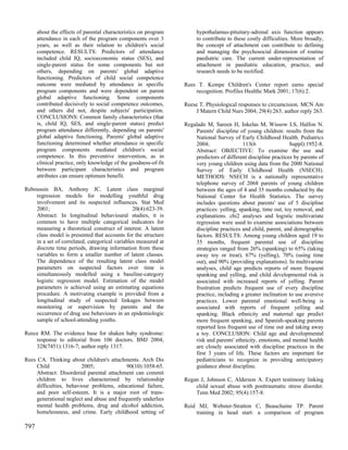 about the effects of parental characteristics on program        hypothalamus-pituitary-adrenal axis function appears
      attendance in each of the program components over 3             to contribute to these costly difficulties. More broadly,
      years, as well as their relation to children's social           the concept of attachment can contribute to defining
      competence. RESULTS: Predictors of attendance                   and managing the psychosocial dimension of routine
      included child IQ, socioeconomic status (SES), and              paediatric care. The current under-representation of
      single-parent status for some components but not                attachment in paediatric education, practice, and
      others, depending on parents' global adaptive                   research needs to be rectified.
      functioning. Predictors of child social competence
      outcome were mediated by attendance in specific            Rees T. Kempe Children's Center report earns special
      program components and were dependent on parent                recognition. Profiles Healthc Mark 2001; 17(6):2.
      global adaptive functioning. Some components
      contributed decisively to social competence outcomes,      Reese T. Physiological responses to circumcision. MCN Am
      and others did not, despite subjects' participation.           J Matern Child Nurs 2004; 29(4):263; author reply 263.
      CONCLUSIONS: Common family characteristics (that
      is, child IQ, SES, and single-parent status) predict       Regalado M, Sareen H, Inkelas M, Wissow LS, Halfon N.
      program attendance differently, depending on parents'          Parents' discipline of young children: results from the
      global adaptive functioning. Parents' global adaptive          National Survey of Early Childhood Health. Pediatrics
      functioning determined whether attendance in specific          2004;                 113(6                Suppl):1952-8.
      program components mediated children's social                  Abstract: OBJECTIVE: To examine the use and
      competence. In this preventive intervention, as in             predictors of different discipline practices by parents of
      clinical practice, only knowledge of the goodness-of-fit       very young children using data from the 2000 National
      between participant characteristics and program                Survey of Early Childhood Health (NSECH).
      attributes can ensure optimum benefit.                         METHODS: NSECH is a nationally representative
                                                                     telephone survey of 2068 parents of young children
Reboussin BA, Anthony JC. Latent class marginal                      between the ages of 4 and 35 months conducted by the
    regression models for modelling youthful drug                    National Center for Health Statistics. The survey
    involvement and its suspected influences. Stat Med               includes questions about parents' use of 5 discipline
    2001;                                       20(4):623-39.        practices: yelling, spanking, time out, toy removal, and
    Abstract: In longitudinal behavioural studies, it is             explanations. chi2 analyses and logistic multivariate
    common to have multiple categorical indicators for               regression were used to examine associations between
    measuring a theoretical construct of interest. A latent          discipline practices and child, parent, and demographic
    class model is presented that accounts for the structure         factors. RESULTS: Among young children aged 19 to
    in a set of correlated, categorical variables measured at        35 months, frequent parental use of discipline
    discrete time periods, drawing information from these            strategies ranged from 26% (spanking) to 65% (taking
    variables to form a smaller number of latent classes.            away toy or treat), 67% (yelling), 70% (using time
    The dependence of the resulting latent class model               out), and 90% (providing explanations). In multivariate
    parameters on suspected factors over time is                     analyses, child age predicts reports of more frequent
    simultaneously modelled using a baseline-category                spanking and yelling, and child developmental risk is
    logistic regression model. Estimation of the model               associated with increased reports of yelling. Parent
    parameters is achieved using an estimating equations             frustration predicts frequent use of every discipline
    procedure. A motivating example is provided from a               practice, including a greater inclination to use aversive
    longitudinal study of suspected linkages between                 practices. Lower parental emotional well-being is
    monitoring or supervision by parents and the                     associated with reports of frequent yelling and
    occurrence of drug use behaviours in an epidemiologic            spanking. Black ethnicity and maternal age predict
    sample of school-attending youths.                               more frequent spanking, and Spanish-speaking parents
                                                                     reported less frequent use of time out and taking away
Reece RM. The evidence base for shaken baby syndrome:                a toy. CONCLUSION: Child age and developmental
    response to editorial from 106 doctors. BMJ 2004;                risk and parents' ethnicity, emotions, and mental health
    328(7451):1316-7; author reply 1317.                             are closely associated with discipline practices in the
                                                                     first 3 years of life. These factors are important for
Rees CA. Thinking about children's attachments. Arch Dis             pediatricians to recognize in providing anticipatory
     Child               2005;              90(10):1058-65.          guidance about discipline.
     Abstract: Disordered parental attachment can commit
     children to lives characterised by relationship             Regan J, Johnson C, Alderson A. Expert testimony linking
     difficulties, behaviour problems, educational failure,          child sexual abuse with posttraumatic stress disorder.
     and poor self-esteem. It is a major root of trans-              Tenn Med 2002; 95(4):157-8.
     generational neglect and abuse and frequently underlies
     mental health problems, drug and alcohol addiction,         Reid MJ, Webster-Stratton C, Beauchaine TP. Parent
     homelessness, and crime. Early childhood setting of             training in head start: a comparison of program

797
 