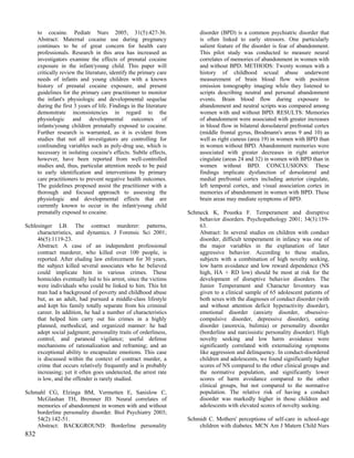 to cocaine. Pediatr Nurs 2005; 31(5):427-36.                        disorder (BPD) is a common psychiatric disorder that
      Abstract: Maternal cocaine use during pregnancy                     is often linked to early stressors. One particularly
      continues to be of great concern for health care                    salient feature of the disorder is fear of abandonment.
      professionals. Research in this area has increased as               This pilot study was conducted to measure neural
      investigators examine the effects of prenatal cocaine               correlates of memories of abandonment in women with
      exposure in the infant/young child. This paper will                 and without BPD. METHODS: Twenty women with a
      critically review the literature, identify the primary care         history of childhood sexual abuse underwent
      needs of infants and young children with a known                    measurement of brain blood flow with positron
      history of prenatal cocaine exposure, and present                   emission tomography imaging while they listened to
      guidelines for the primary care practitioner to monitor             scripts describing neutral and personal abandonment
      the infant's physiologic and developmental sequelae                 events. Brain blood flow during exposure to
      during the first 3 years of life. Findings in the literature        abandonment and neutral scripts was compared among
      demonstrate inconsistencies in regard to the                        women with and without BPD. RESULTS: Memories
      physiologic and developmental outcomes of                           of abandonment were associated with greater increases
      infants/young children prenatally exposed to cocaine.               in blood flow in bilateral dorsolateral prefrontal cortex
      Further research is warranted, as it is evident from                (middle frontal gyrus, Brodmann's areas 9 and 10) as
      studies that not all investigators are controlling for              well as right cuneus (area 19) in women with BPD than
      confounding variables such as poly-drug use, which is               in women without BPD. Abandonment memories were
      necessary in isolating cocaine's effects. Subtle effects,           associated with greater decreases in right anterior
      however, have been reported from well-controlled                    cingulate (areas 24 and 32) in women with BPD than in
      studies and, thus, particular attention needs to be paid            women without BPD. CONCLUSIONS: These
      to early identification and interventions by primary                findings implicate dysfunction of dorsolateral and
      care practitioners to prevent negative health outcomes.             medial prefrontal cortex including anterior cingulate,
      The guidelines proposed assist the practitioner with a              left temporal cortex, and visual association cortex in
      thorough and focused approach to assessing the                      memories of abandonment in women with BPD. These
      physiologic and developmental effects that are                      brain areas may mediate symptoms of BPD.
      currently known to occur in the infant/young child
      prenatally exposed to cocaine.                                 Schmeck K, Poustka F. Temperament and disruptive
                                                                         behavior disorders. Psychopathology 2001; 34(3):159-
Schlesinger LB. The contract murderer: patterns,                         63.
     characteristics, and dynamics. J Forensic Sci 2001;                 Abstract: In several studies on children with conduct
     46(5):1119-23.                                                      disorder, difficult temperament in infancy was one of
     Abstract: A case of an independent professional                     the major variables in the explanation of later
     contract murderer, who killed over 100 people, is                   aggressive behavior. According to these studies,
     reported. After eluding law enforcement for 30 years,               subjects with a combination of high novelty seeking,
     the subject killed several associates who he believed               low harm avoidance and low reward dependence (NS
     could implicate him in various crimes. These                        high, HA + RD low) should be most at risk for the
     homicides eventually led to his arrest, since the victims           development of disruptive behavior disorders. The
     were individuals who could be linked to him. This hit               Junior Temperament and Character Inventory was
     man had a background of poverty and childhood abuse                 given to a clinical sample of 65 adolescent patients of
     but, as an adult, had pursued a middle-class lifestyle              both sexes with the diagnoses of conduct disorder (with
     and kept his family totally separate from his criminal              and without attention deficit hyperactivity disorder),
     career. In addition, he had a number of characteristics             emotional disorder (anxiety disorder, obsessive-
     that helped him carry out his crimes in a highly                    compulsive disorder, depressive disorder), eating
     planned, methodical, and organized manner: he had                   disorder (anorexia, bulimia) or personality disorder
     adept social judgment; personality traits of orderliness,           (borderline and narcissistic personality disorder). High
     control, and paranoid vigilance; useful defense                     novelty seeking and low harm avoidance were
     mechanisms of rationalization and reframing; and an                 significantly correlated with externalizing symptoms
     exceptional ability to encapsulate emotions. This case              like aggression and delinquency. In conduct-disordered
     is discussed within the context of contract murder, a               children and adolescents, we found significantly higher
     crime that occurs relatively frequently and is probably             scores of NS compared to the other clinical groups and
     increasing; yet it often goes undetected, the arrest rate           the normative population, and significantly lower
     is low, and the offender is rarely studied.                         scores of harm avoidance compared to the other
                                                                         clinical groups, but not compared to the normative
Schmahl CG, Elzinga BM, Vermetten E, Sanislow C,                         population. The relative risk of having a conduct
    McGlashan TH, Bremner JD. Neural correlates of                       disorder was markedly higher in those children and
    memories of abandonment in women with and without                    adolescents with elevated scores of novelty seeking.
    borderline personality disorder. Biol Psychiatry 2003;
    54(2):142-51.                                                    Schmidt C. Mothers' perceptions of self-care in school-age
    Abstract: BACKGROUND: Borderline personality                         children with diabetes. MCN Am J Matern Child Nurs
832
 