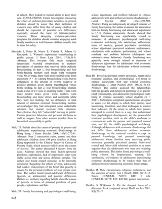 at school. They looked to trusted adults to keep them          school adjustment, and problem behavior in chinese
      safe. CONCLUSIONS: Future investigators measuring              adolescents with and without economic disadvantage. J
      the effect of violence-prevention activities on preteen        Genet        Psychol       2002;        163(4):497-502.
      children should be aware that their definition of              Abstract: Using an indigenously developed measure of
      violence may differ from that of young children and            family functioning, the author examined the association
      should be cognizant of potential sex differences,              between family functioning and adolescent adjustment
      especially around the topic of intimate-partner                in 1,519 Chinese adolescents. Results showed that
      violence. Those designing violence-prevention                  family functioning was significantly related to
      programs for children should consider engaging adult           measures of adolescent psychological well-being
      family members as well because children usually turn           (existential well-being, life satisfaction, self-esteem,
      to them for safety.                                            sense of mastery, general psychiatric morbidity),
                                                                     school adjustment (perceived academic performance,
Sheeshka J, Potter B, Norrie E, Valaitis R, Adams G,                 satisfaction with academic performance, and school
     Kuczynski L. Women's experiences breastfeeding in               conduct), and problem behavior (delinquent and
     public places. J Hum Lact 2001; 17(1):31-8.                     substance abuse behavior). Family functioning was
     Abstract: This two-part field study compared                    generally more strongly related to measures of
     researchers' recorded observations to mothers'                  adolescent adjustment for adolescents with economic
     perceptions of attention they received while publicly           disadvantage than for adolescents without economic
     breastfeeding. In part 1, four breastfeeding and four           disadvantage.
     bottle-feeding mothers each made eight restaurant
     visits. On average, there were more neutral looks from     Shek DT. Perceived parental control processes, parent-child
     customers (P = .01) during breastfeeding visits, but no        relational qualities, and psychological well-being in
     differences in the amount of overtly negative or               chinese adolescents with and without economic
     positive attention given during breastfeeding versus           disadvantage. J Genet Psychol 2005; 166(2):171-88.
     bottle feeding. In part 2, four breastfeeding mothers          Abstract: The author assessed the relationships
     made a total of 24 visits to shopping malls. There were        between poverty and perceived parenting style, parent-
     more neutral looks given while mothers were                    child relationships, and adolescent psychological well-
     breastfeeding and more smiles and comments while               being in Chinese secondary school students (N =
     they were not feeding, but no difference in total              3,017). Participants completed questionnaires designed
     amount of attention received. Breastfeeding mothers            to assess (a) the degree to which their parents used
     acknowledged they had anticipated some undesirable             monitoring, discipline, and other techniques to control
     attention but instead received little attention.               their behavior; (b) the extent to which their parents
     Nevertheless, they felt "vulnerable" nursing in public.        attempted to control them in a way that undermined
     Certain proactive behaviors and personal attributes as         their psychological development; (c) the parent-child
     well as support from other women enabled them to               relational qualities, such as the child's readiness to
     breastfeed successfully in public.                             communicate with the parents and perceived mutual
                                                                    trust; and (d) the child's psychological well-being.
Shek DT. Beliefs about the causes of poverty in parents and         Although adolescents with economic disadvantage did
     adolescents experiencing economic disadvantage in              not differ from adolescents without economic
     Hong Kong. J Genet Psychol 2004; 165(3):272-91.                disadvantage on the maternal variables (except on
     Abstract: Over 2 consecutive years, parents and their          parental knowledge and parental monitoring),
     adolescent children from 199 poor families in Hong             adolescents whose families were receiving public
     Kong responded to the Chinese Perceived Causes of              assistance generally perceived paternal behavioral
     Poverty Scale, which assesses beliefs about the causes         control and father-child relational qualities to be more
     of poverty. The author abstracted 4 factors from the           negative than did adolescents who were not receiving
     scale. Analyses showed that these factors (personal            public assistance. The author found psychological well-
     problems, exploitation, lack of opportunity, fate) were        being (shown by hopelessness, mastery, life
     stable across time and across different samples. The           satisfaction, self-esteem) of adolescents experiencing
     author also found related subscales to be internally           economic disadvantage to be weaker than that of
     consistent. Regarding the effects of time, adolescents         adolescents not experiencing economic disadvantage.
     had weaker endorsement of the belief that poverty is
     caused by the personal problems of poor people over        Sheldon M. Male circumcision, religious preferences, and
     time. The author found parent-adolescent differences            the question of harm. Am J Bioeth 2003; 3(2):61-2.
     (parents vs. adolescents) and parental differences              Notes:    GENERAL      NOTE:      KIE:    3    refs.
     (fathers vs. mothers) regarding beliefs about the causes        GENERAL NOTE: KIE: KIE Bib: patient care/minors
     of poverty in terms of personal problems of poor
     people, exploitation, and fate.                            Sheldon S, Wilkinson S. 'On the sharpest horns of a
                                                                     dilemma': Re A (conjoined twins). Med Law Rev 2001;
Shek DT. Family functioning and psychological well-being,            9(3):201-7.

845
 